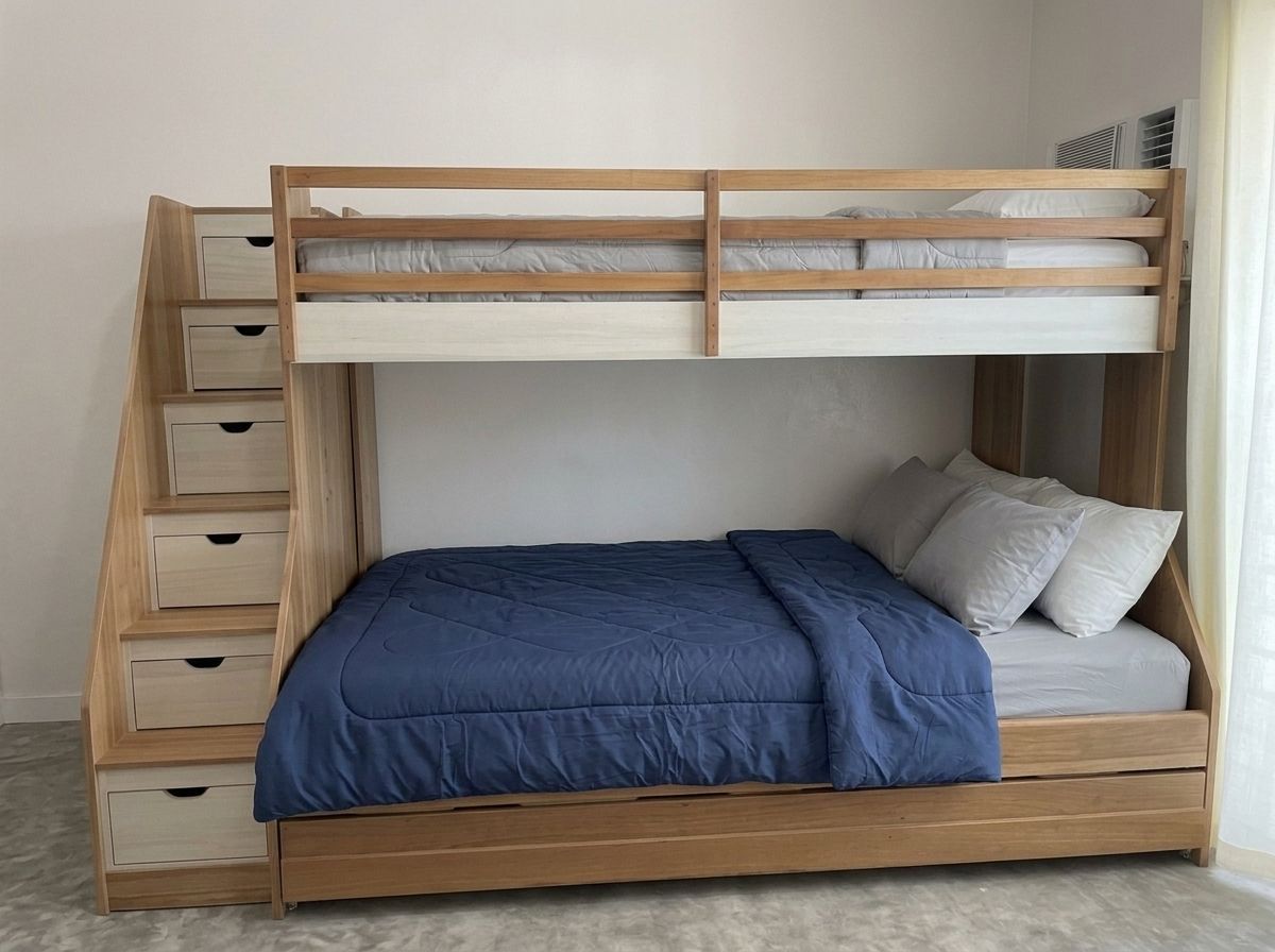 A natural wood bunk bed with a safety-railed top bunk, a wider bottom bed, a staircase with five storage drawers, and a pull-out trundle that sleeps a third. Space-saving and built to last.
