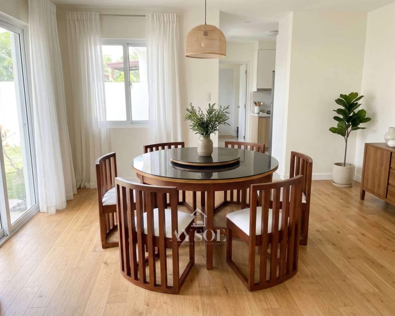 A round 6-seater dining set with a black glass tabletop, a built-in rotating lazy Susan, and six curved slatted-back chairs with white cushioned seats. Solid wood frame, wipe-clean, made to order.