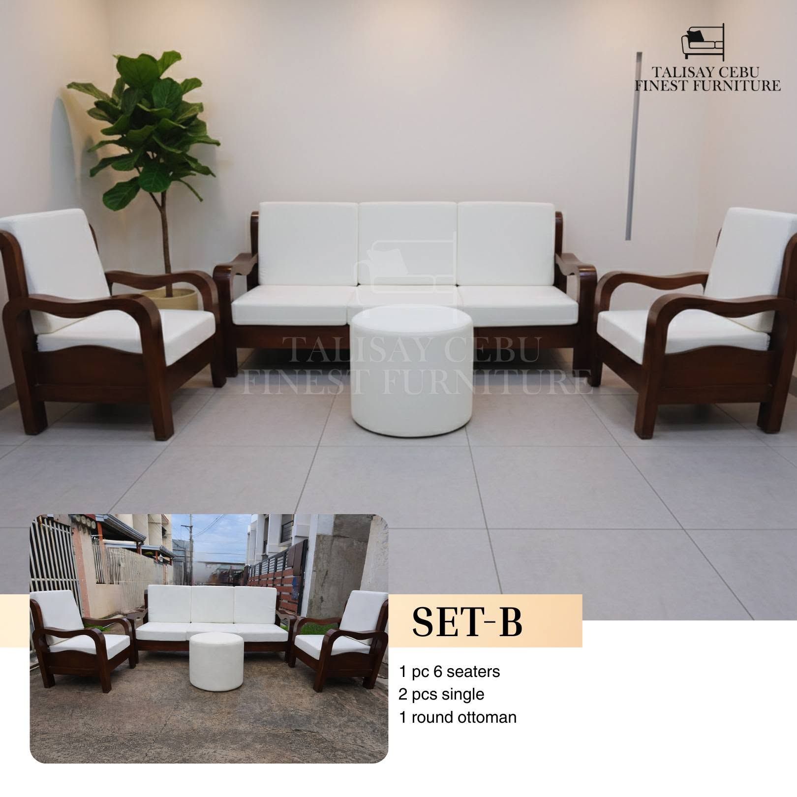 The Sofa: A long 3-seater couch featuring a dark-stained wood frame with curved wooden armrests and crisp white faux-leather or fabric cushions.