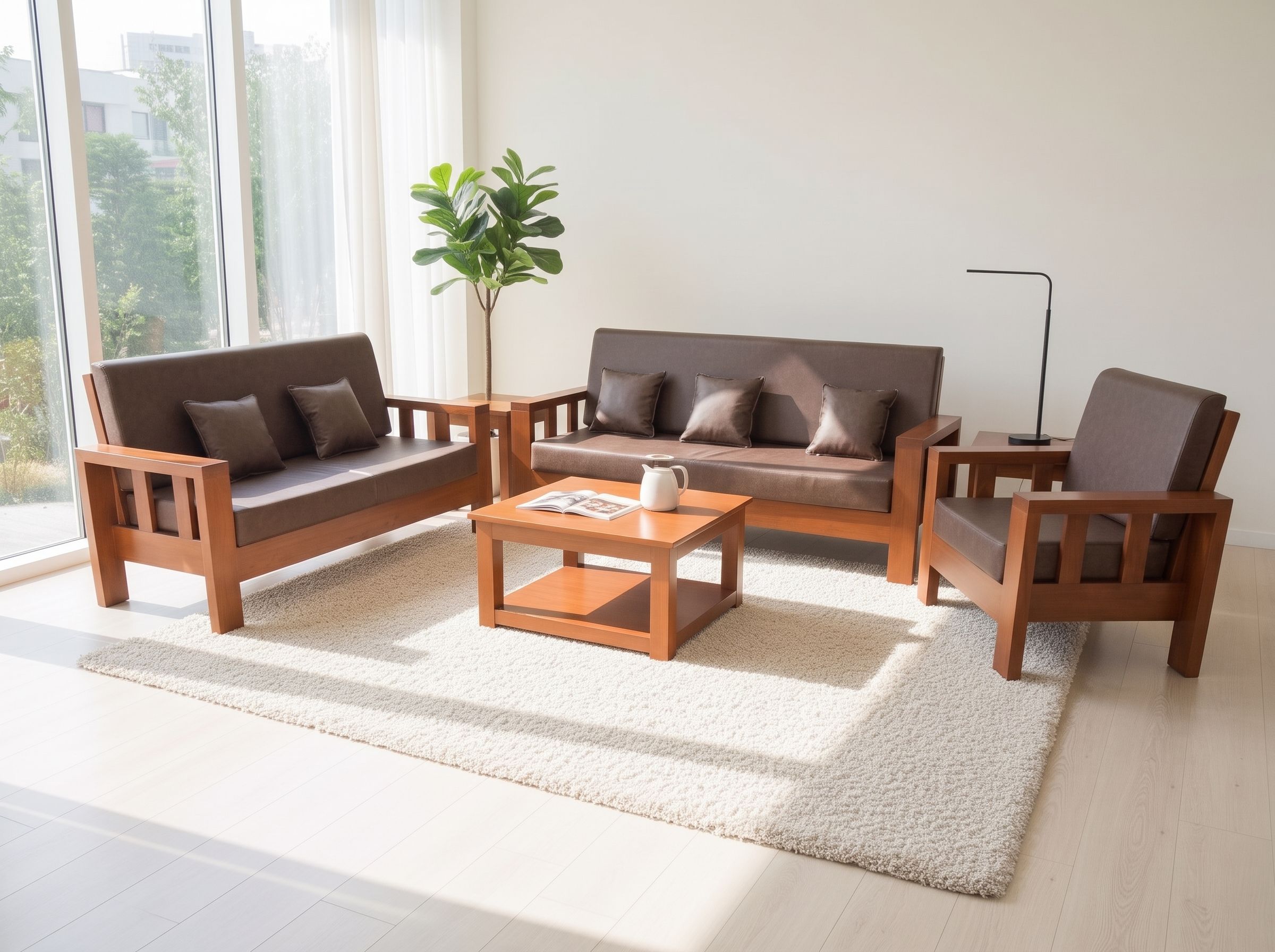 Each sofa includes matching small satin-finish brown throw pillows.