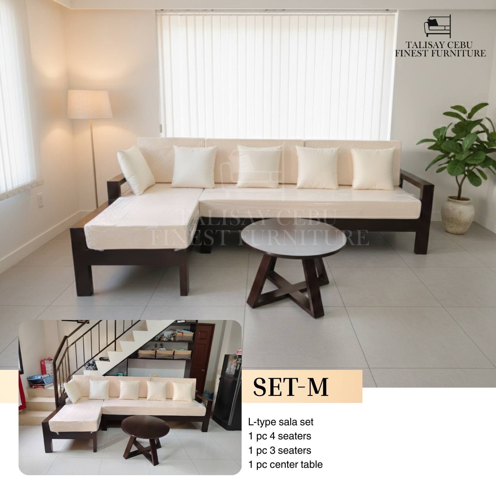 The main furniture piece is an L-shaped sectional sofa with a dark-stained wood frame.