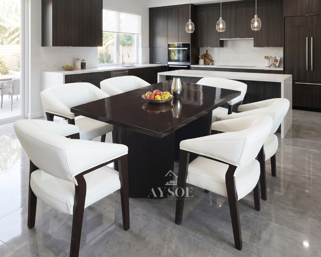 A modern 6-seater dining set with a glossy dark tabletop on a fluted pedestal base and six white leatherette armchairs with wraparound backs. Elegant, wipe-clean, made to order.