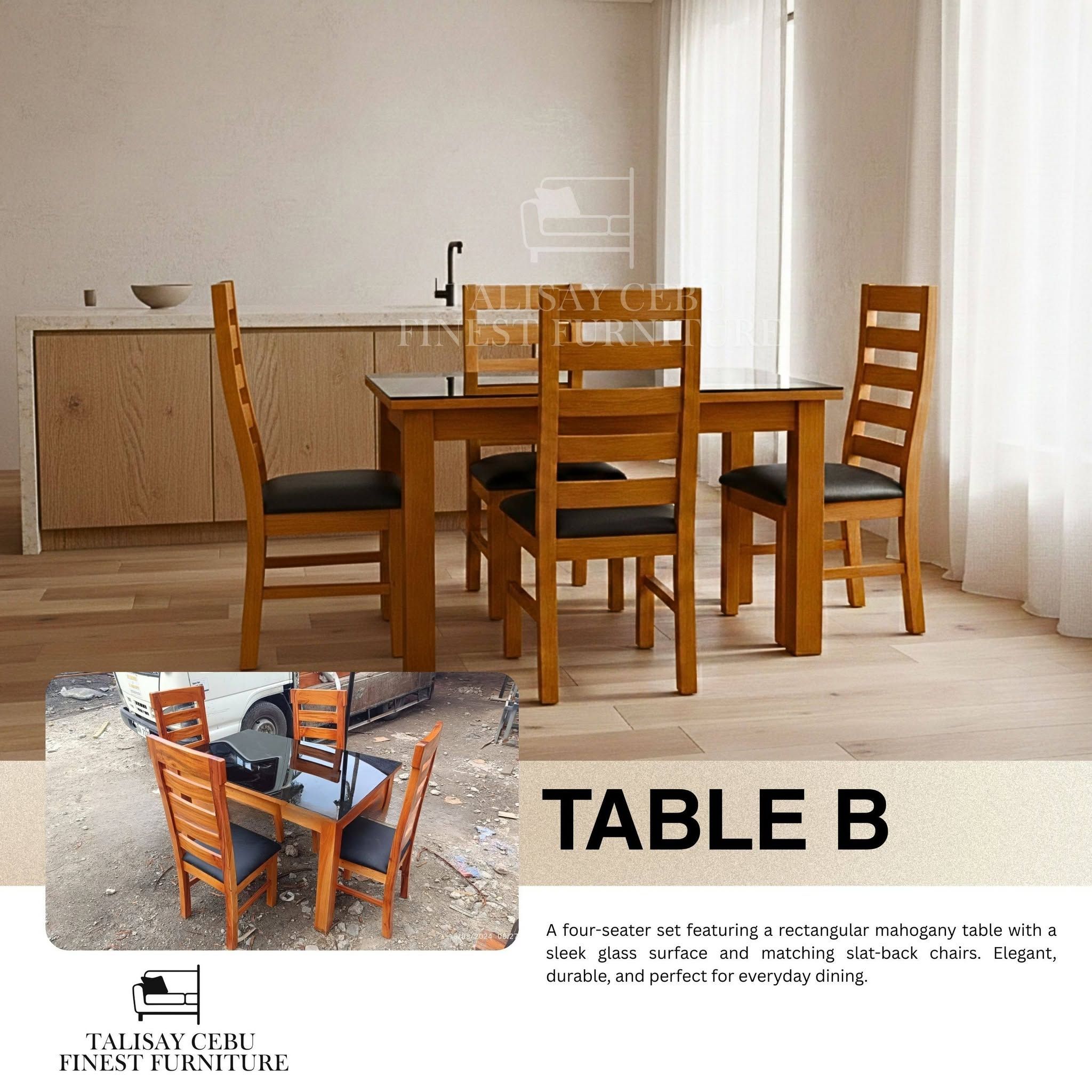 Rectangular mahogany-colored wooden table with a sleek black glass tabletop