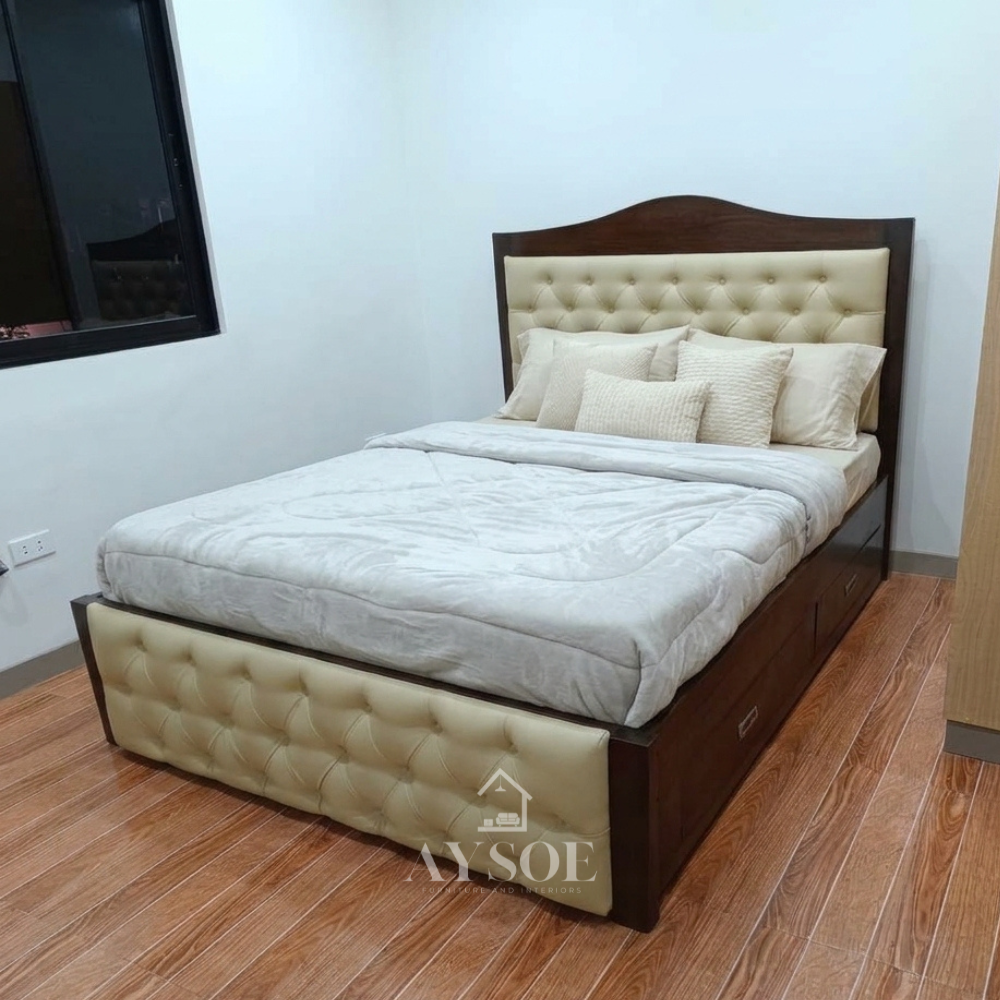 Walnut wood bed with an arched headboard, cream button-tufted panels, and built-in side drawers. Available in various colors and sizes, with storage or pull-out option.