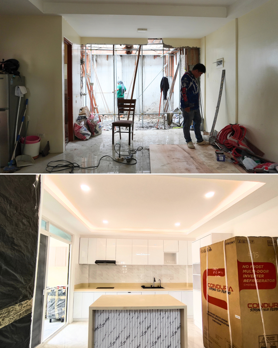 From rough demolition to a sleek, modern kitchen with a waterfall island and cove lighting.