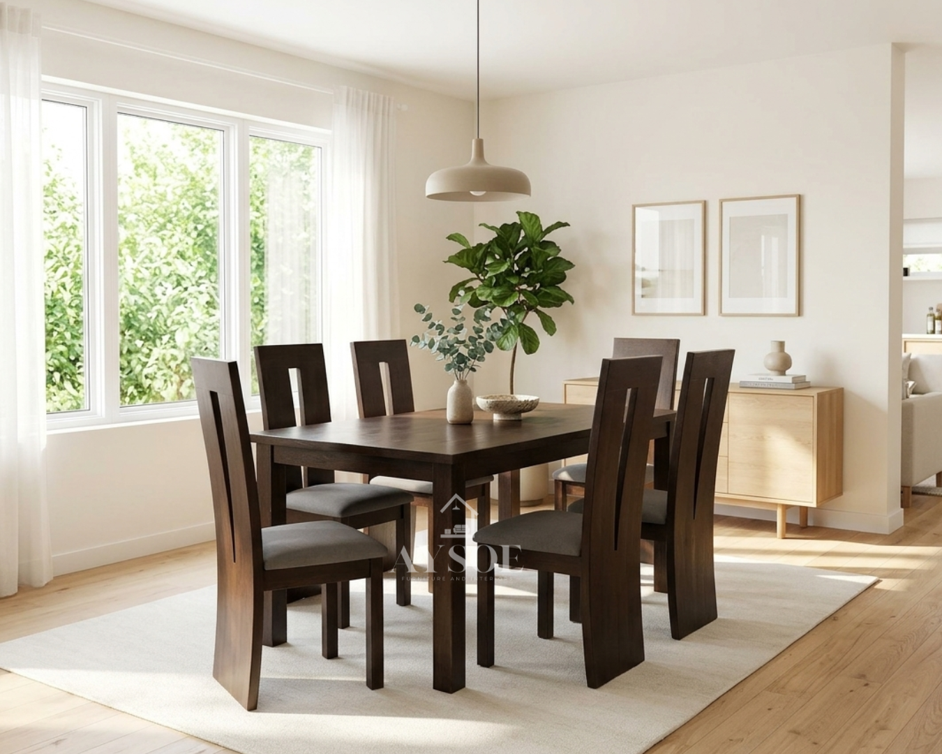 A 6-seater dining set with a solid wood rectangular table and six tall cut-out-back chairs with grey cushioned seats, in a deep espresso finish. Sturdy, wipe-clean, made to order.