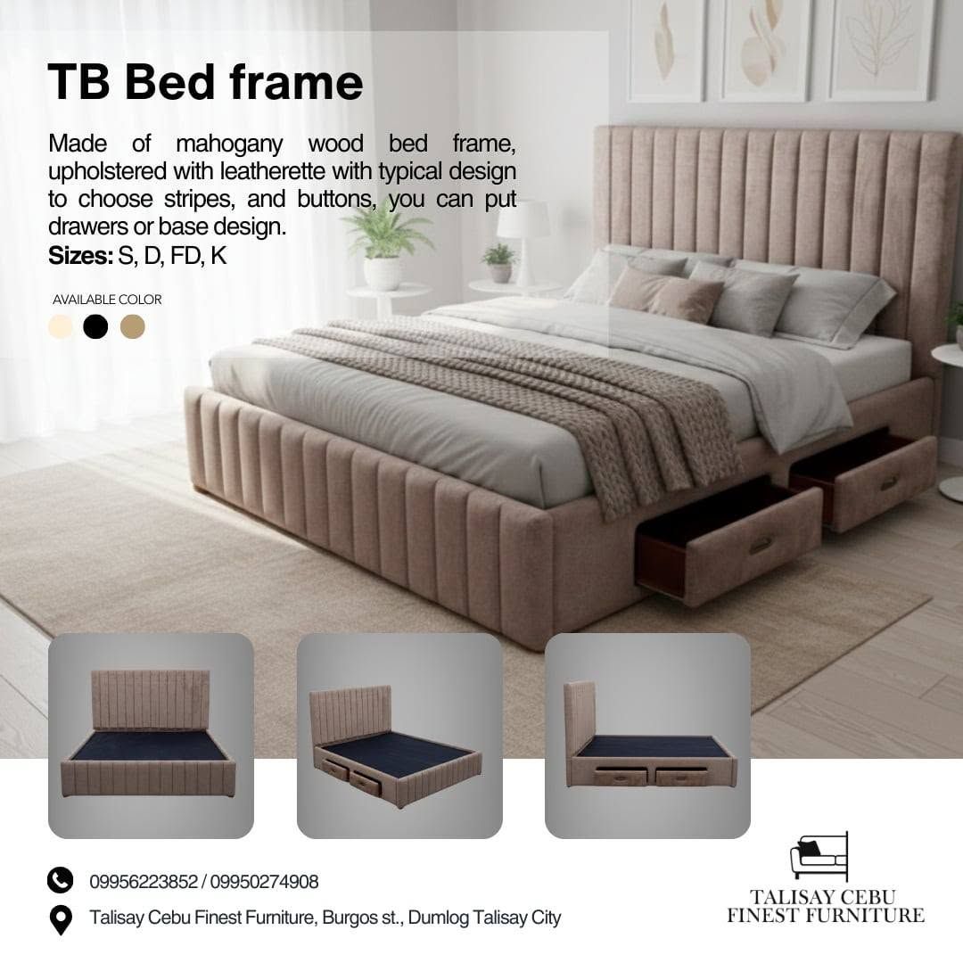 A mahogany wood bed frame upholstered in a muted mauve-taupe leatherette or fabric.