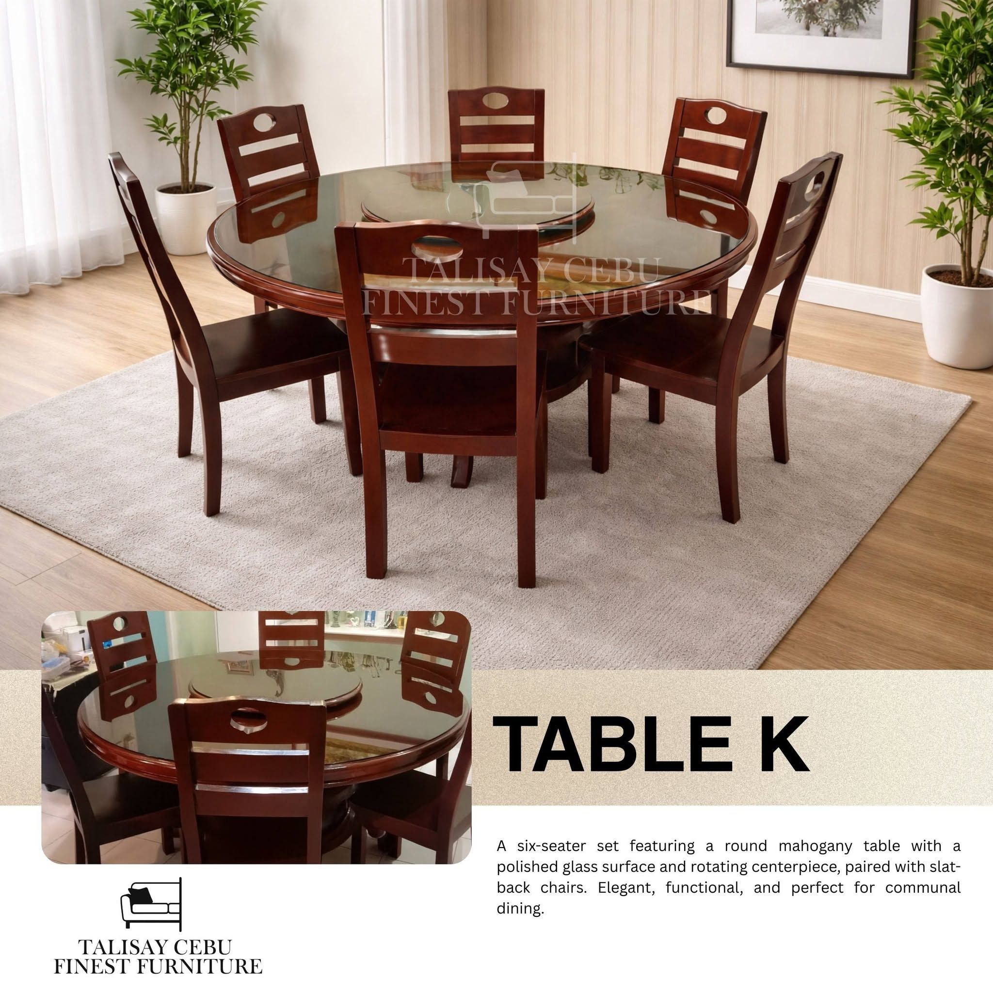 Table: A large, round mahogany dining table featuring a polished glass surface overlay and a built-in rotating centerpiece (Lazy Susan) in the middle.