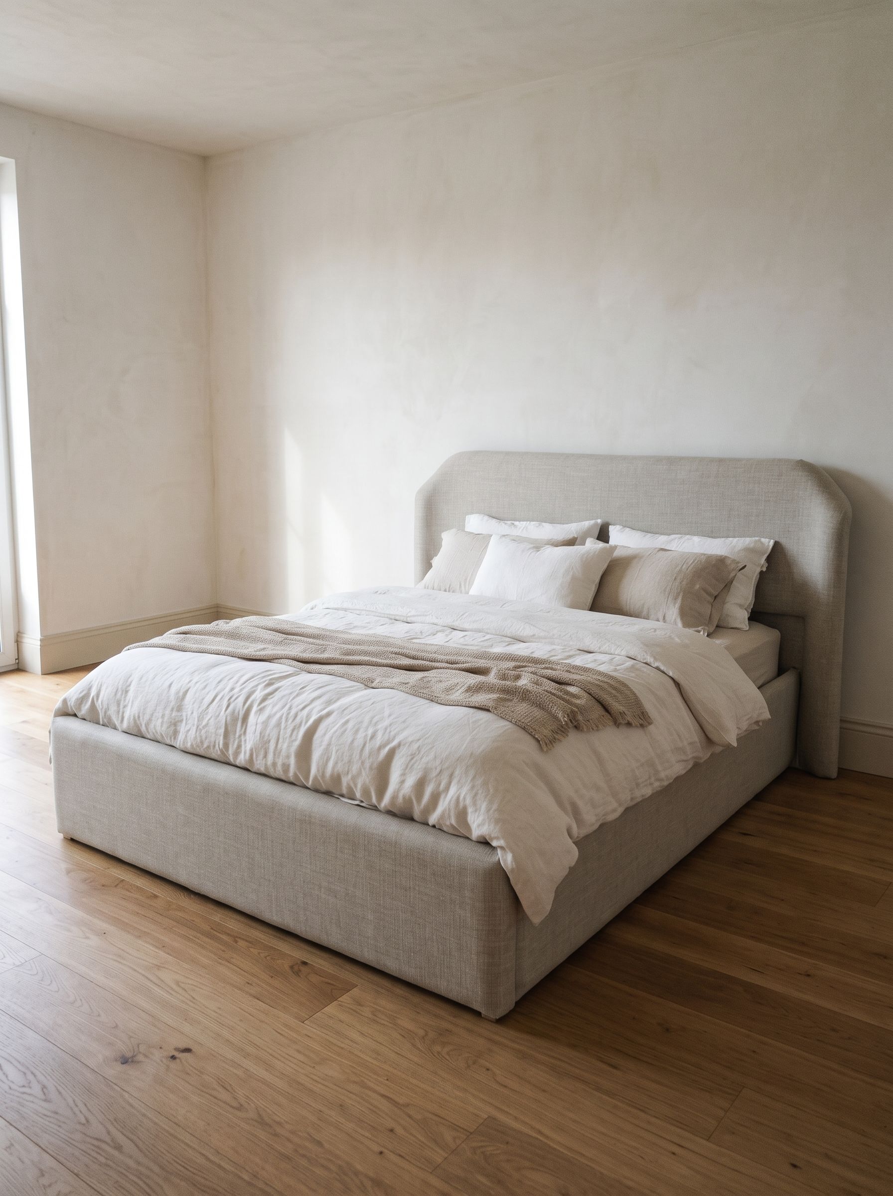 A clean, minimalist upholstered bed in light woven linen-style fabric, with a soft rounded headboard and a fully wrapped, low-profile frame. Calm, neutral, and easy to style.