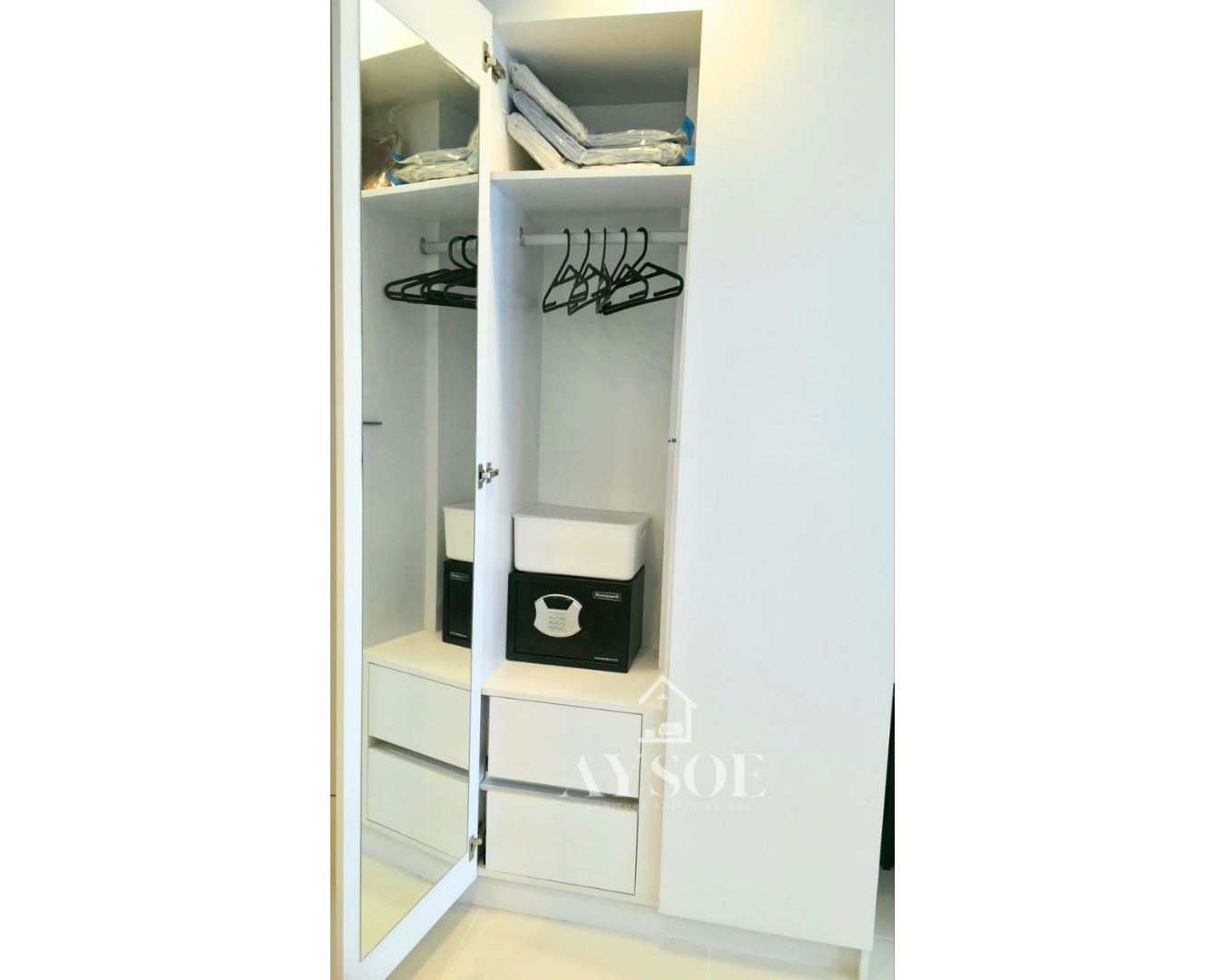 A complete custom condo set with a marble-look TV wall, floating vanity, mirror wardrobe, slim shoe cabinet, and bathroom mirror cabinet with shelves. Stylish, space-saving, and built to fit.