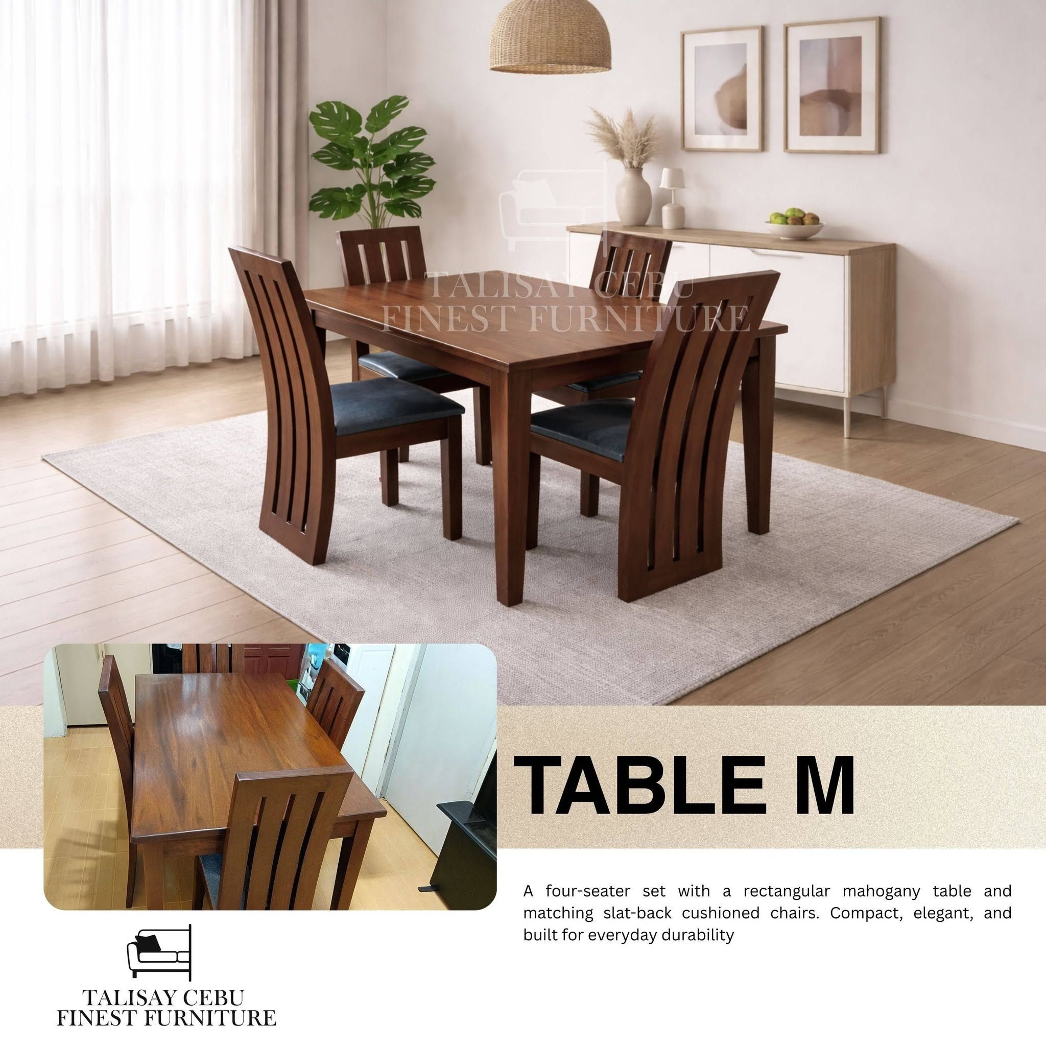 Table: A rectangular solid mahogany table with clean lines and sturdy, straight legs.