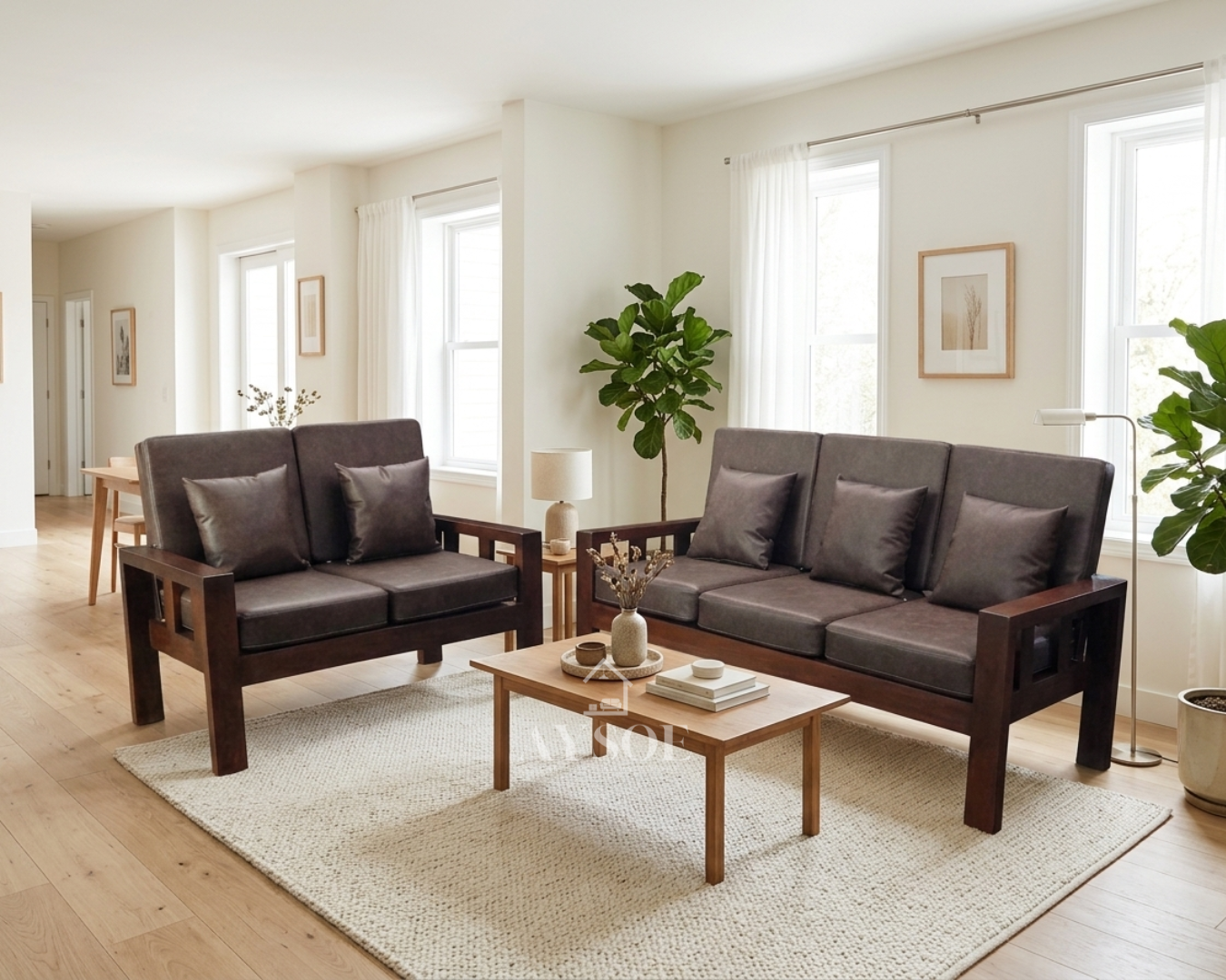 A 2-piece living set with a dark walnut-finish solid wood frame and chocolate-brown leatherette cushions: a three-seater sofa and a two-seater loveseat. Sturdy, wipe-clean, made to order.