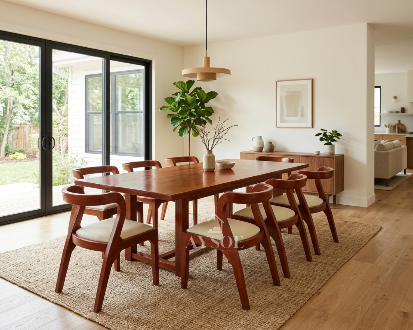 A large dining set with a long solid wood table in a rich red-mahogany finish and eight curved hoop-back chairs with cream leatherette seats. Sturdy, wipe-clean, made to order.