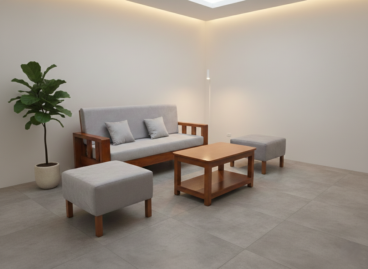 Two matching rectangular ottoman stools with grey fabric tops and wooden legs are positioned on either side of the layout.