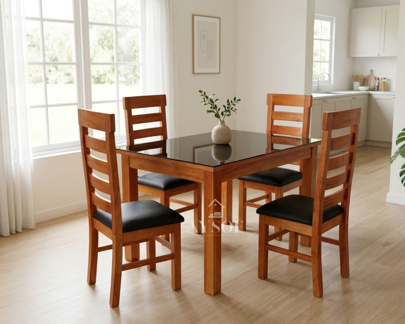 A 4-seater dining set with a solid wood frame, a sleek black glass tabletop, and four ladder-back chairs with black cushioned seats. Sturdy, wipe-clean, made to order.