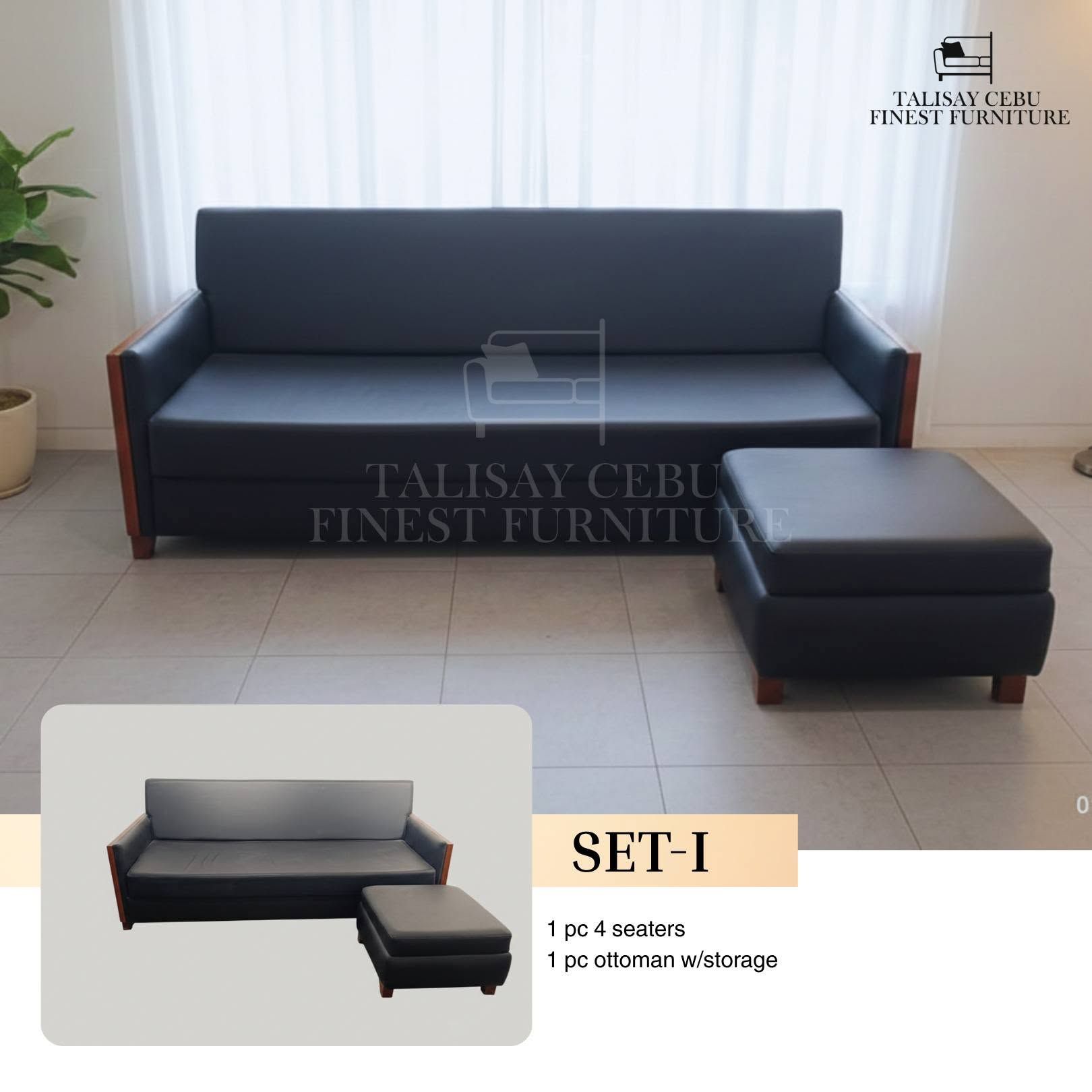 The centerpiece is a long, streamlined 4-seater sofa fully upholstered in a smooth, matte dark grey or black faux-leather / fabric.