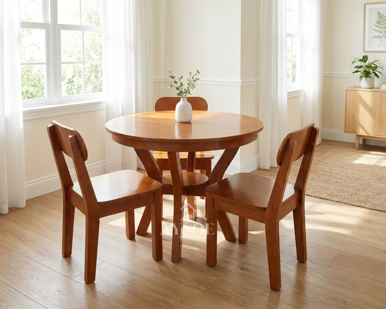 A compact round dining set with a glossy honey-orange finish, a curved-leg solid wood table, and matching rounded-back wooden chairs. Space-saving, wipe-clean, made to order.