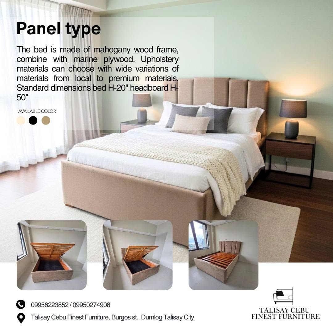 A mahogany wood and marine plywood frame upholstered in a light tan fabric.