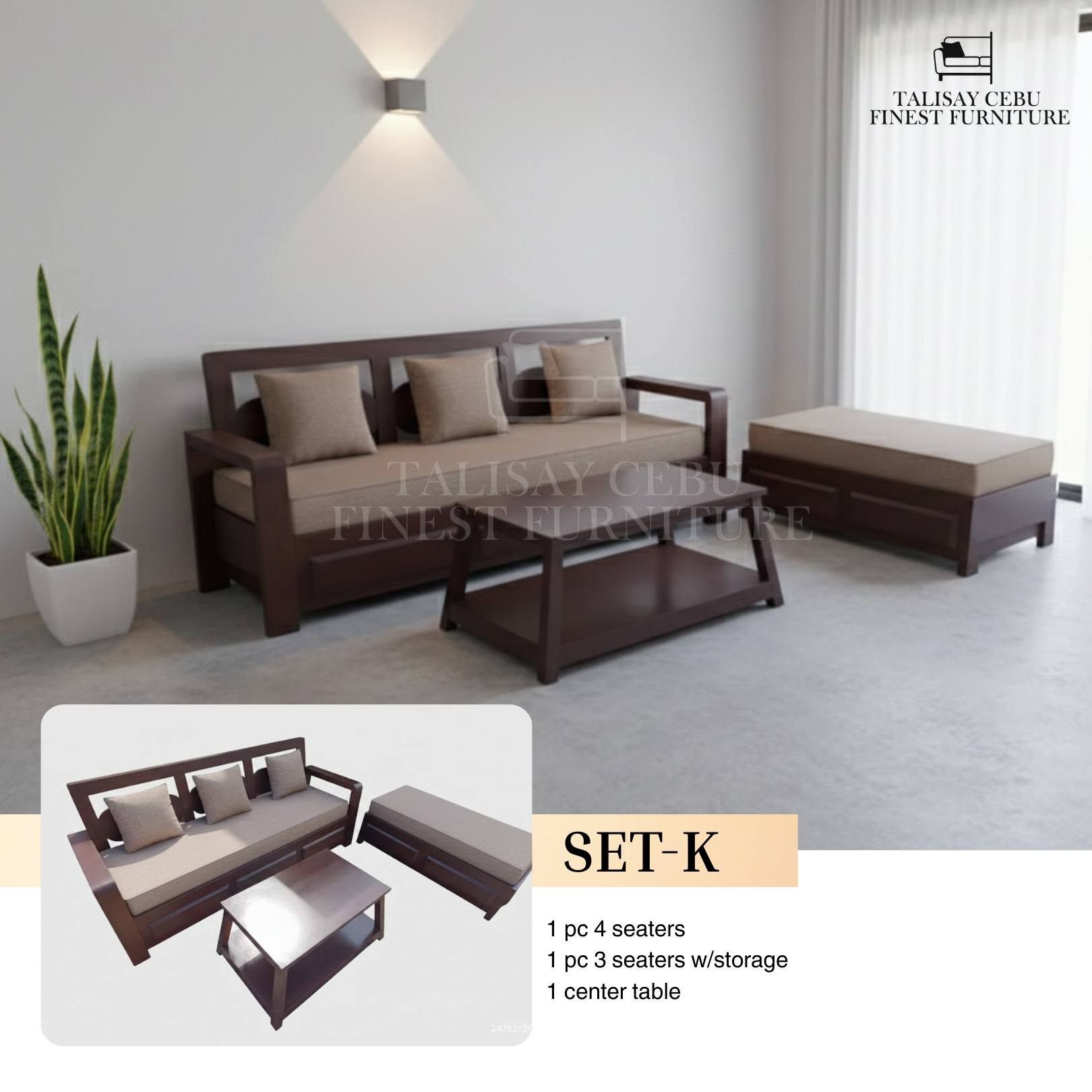 The pieces feature a dark-stained wood frame with simple, clean geometric lines.