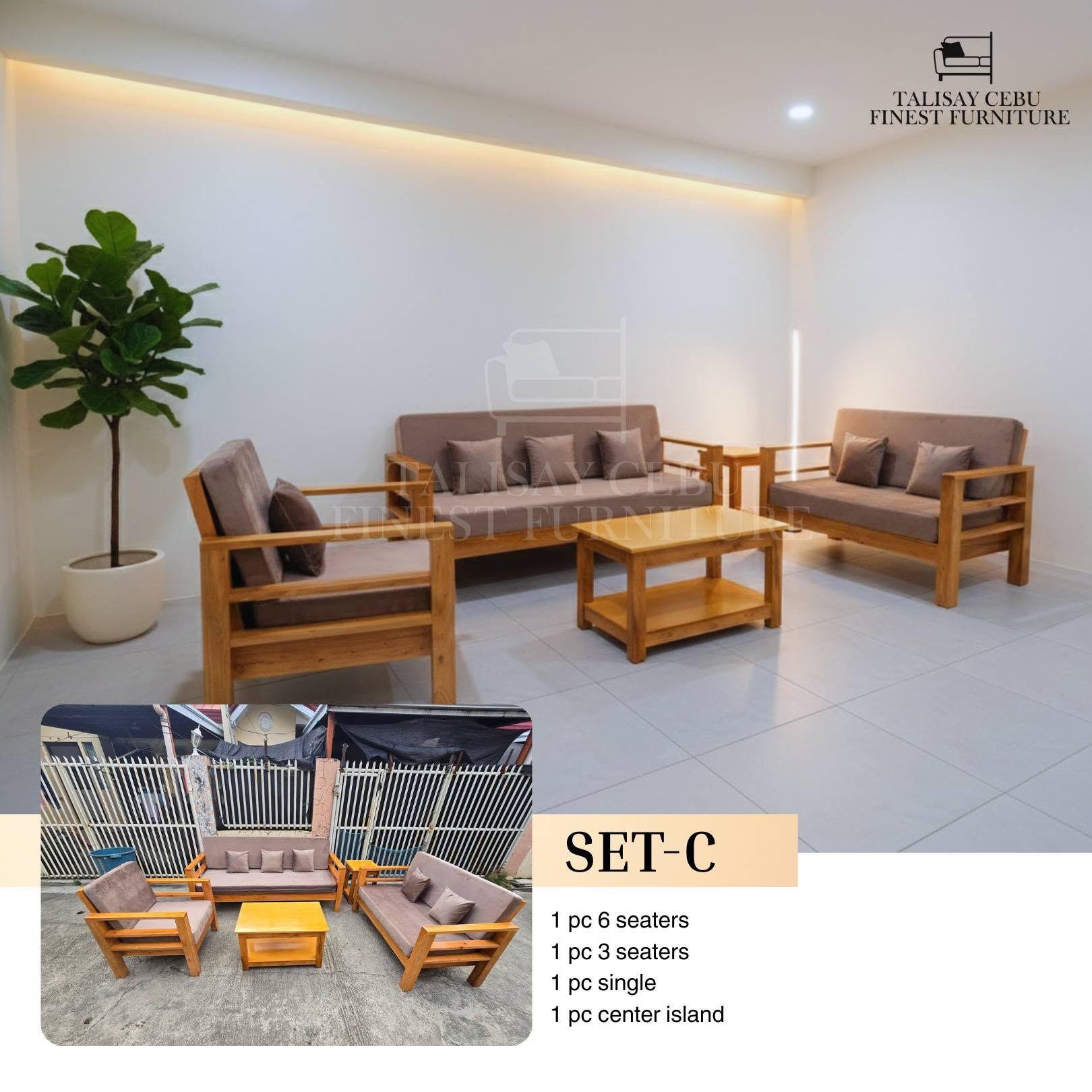 The Sofas & Armchair: The seating features light-toned, natural finish wooden frames built with a slotted slat design on the armrests and backs.