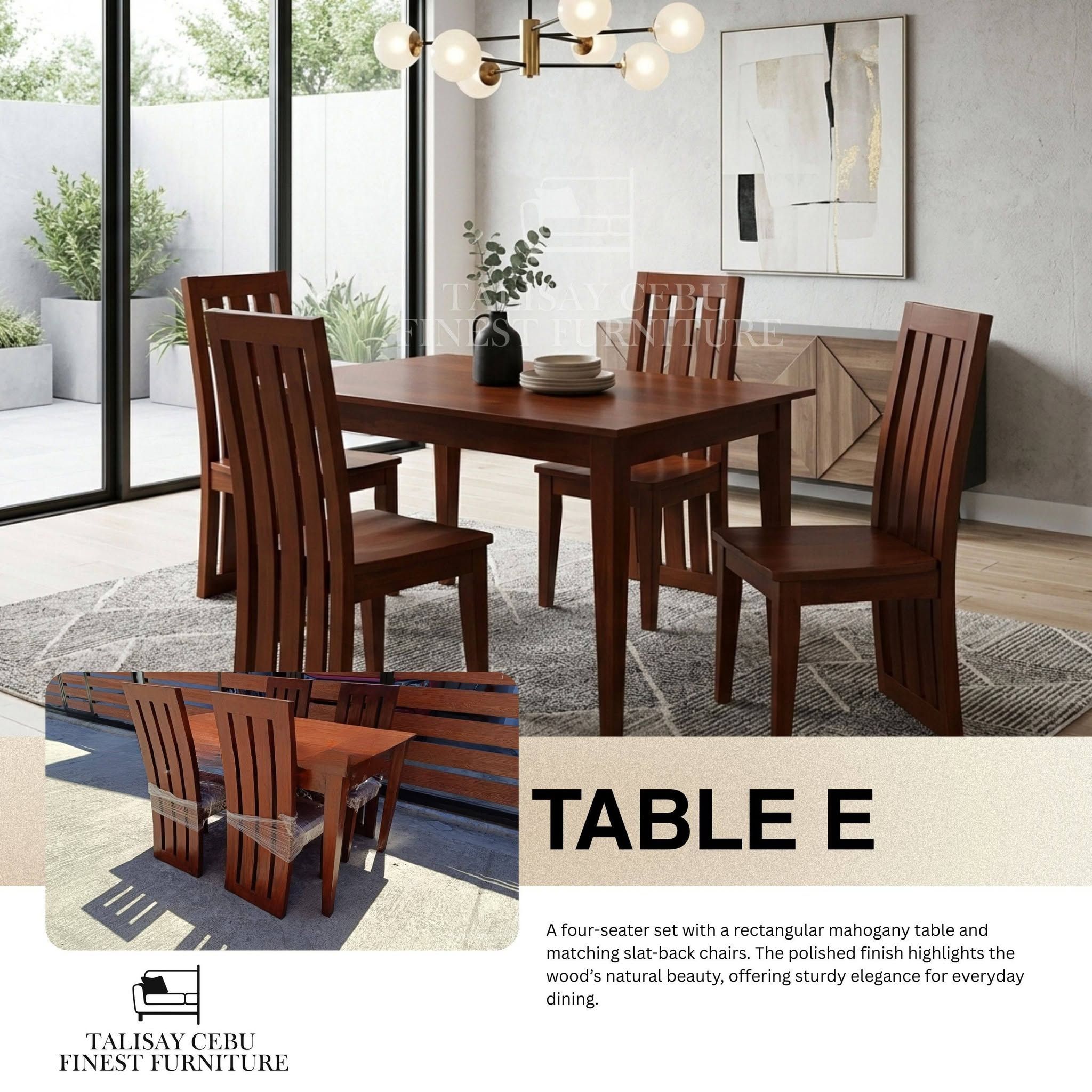 A rectangular mahogany dining table with a smooth, polished wooden surface and sturdy matching legs.