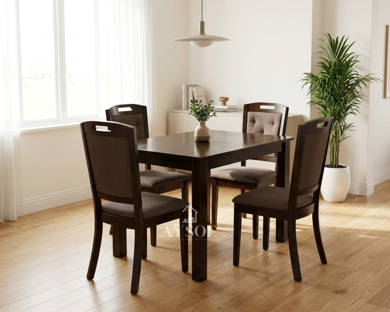A 4-seater dining set with a solid wood table in a deep walnut finish and four upholstered high-back chairs with padded seats. Sturdy, comfortable, made to order.