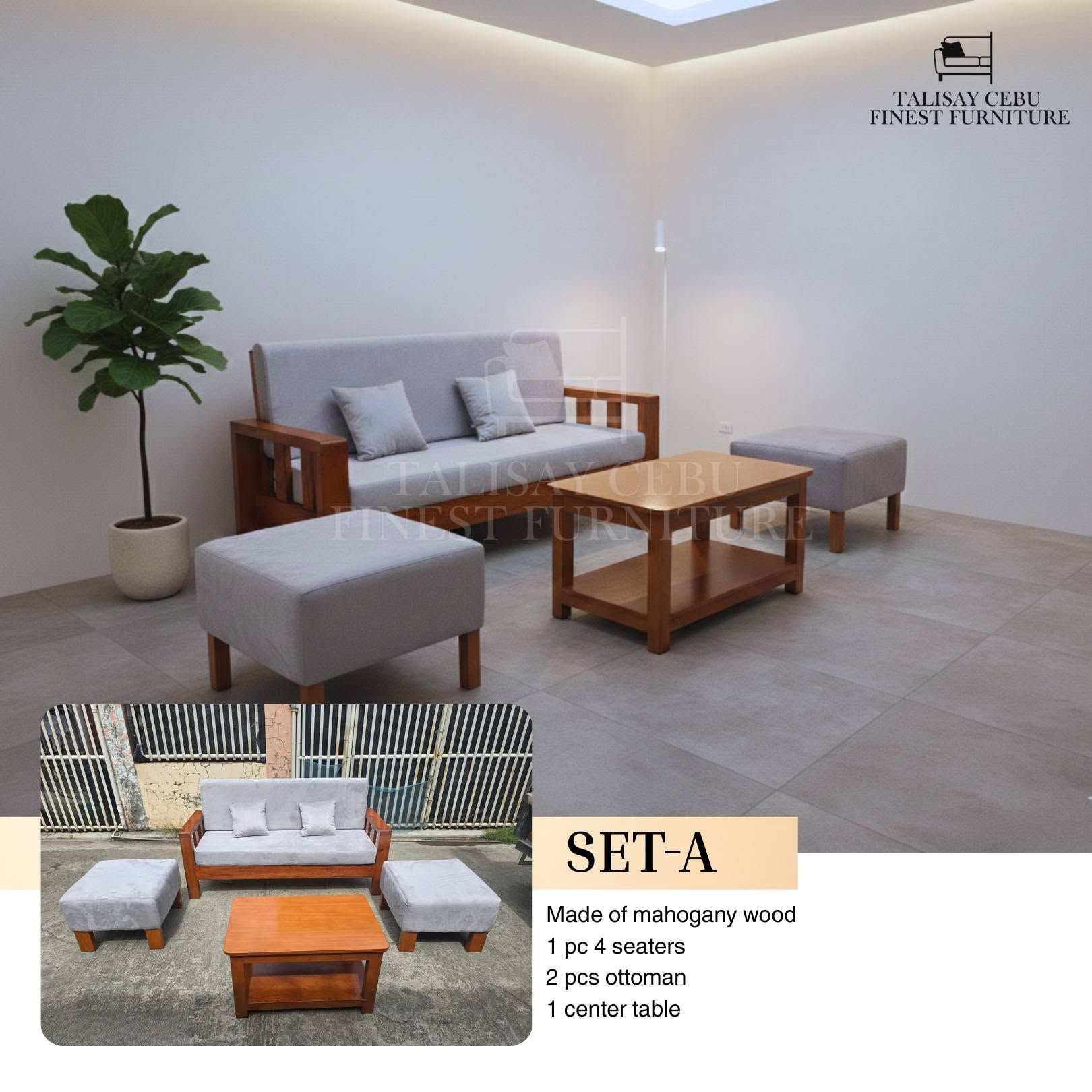 The Sofa: A long 4-seater couch features a natural-finish wooden frame (identified below as mahogany) with light grey fabric seat cushions, a backrest, and two small matching square throw pillows.