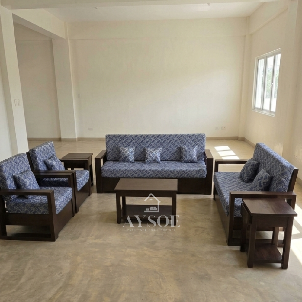 Dark walnut wood living set with blue-and-white patterned cushions: 3-seater sofa, loveseat, 2 armchairs, coffee table, and 2 side tables. Statement seating, made to order.