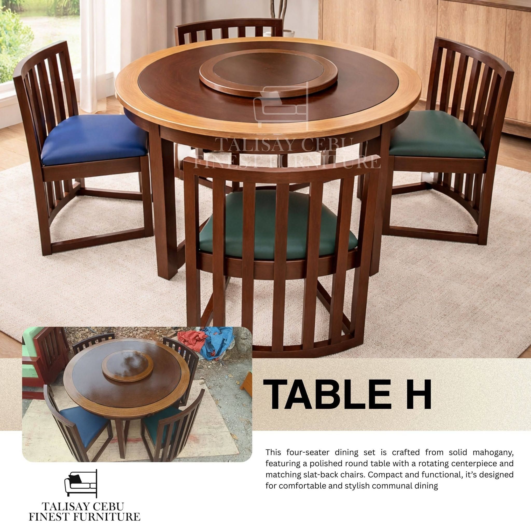 A round solid mahogany table with a rich dark-brown finish and a lighter wooden border around the edge.