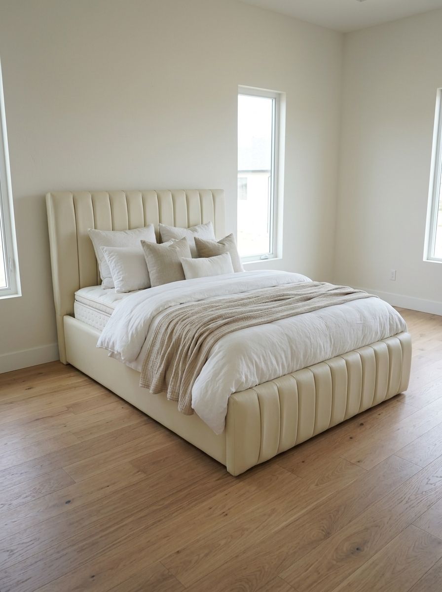 A clean, modern upholstered bed in soft cream leatherette, with vertical channel panels on the headboard and footboard. Fully wrapped frame, easy-to-wipe finish, and a solid platform base.