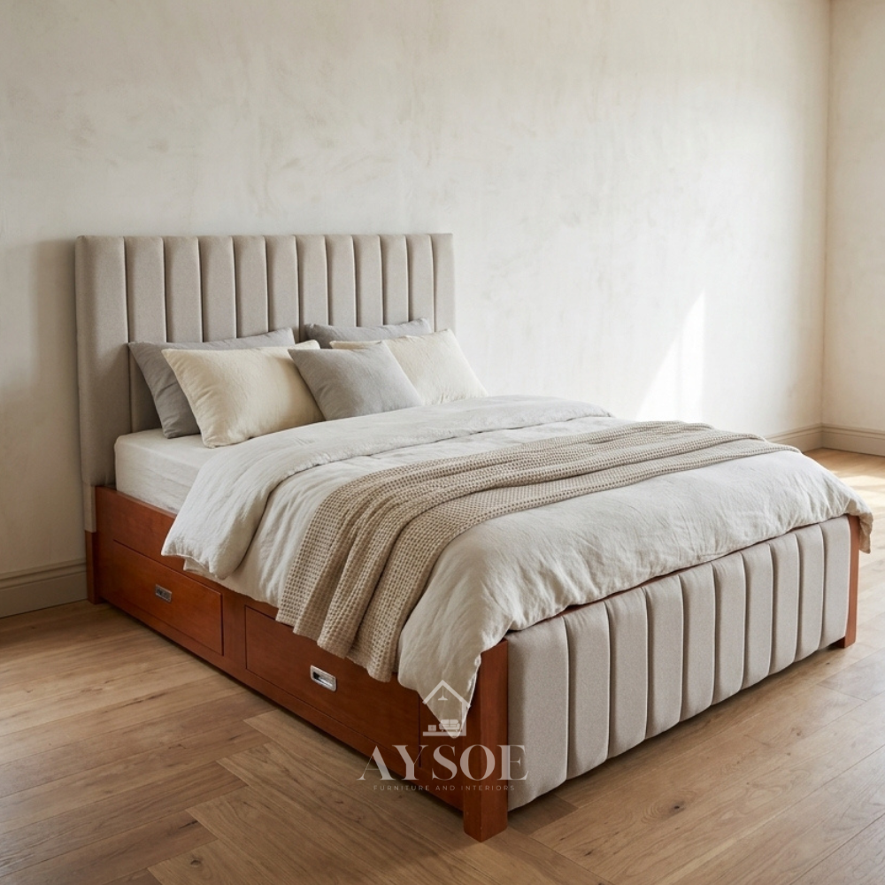 Two-tone bed with a warm cherry wood frame and soft beige channel-panel upholstery. Four built-in side drawers and a sturdy slatted base. Available in various sizes, in fabric or leather.