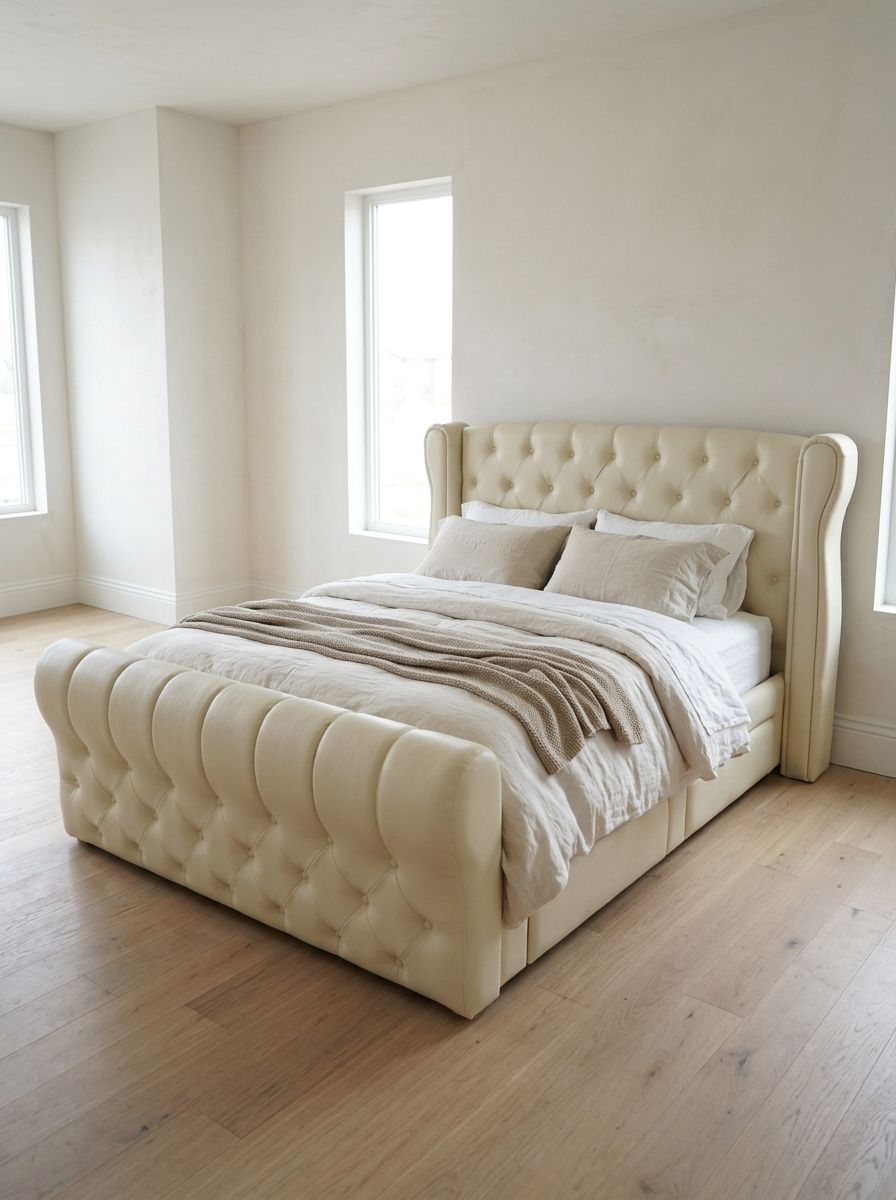 A classic cream leatherette bed with a tall button-tufted wingback headboard, a rolled sleigh footboard, and four built-in side drawers. Elegant, easy to wipe clean, and made to hold a lot.