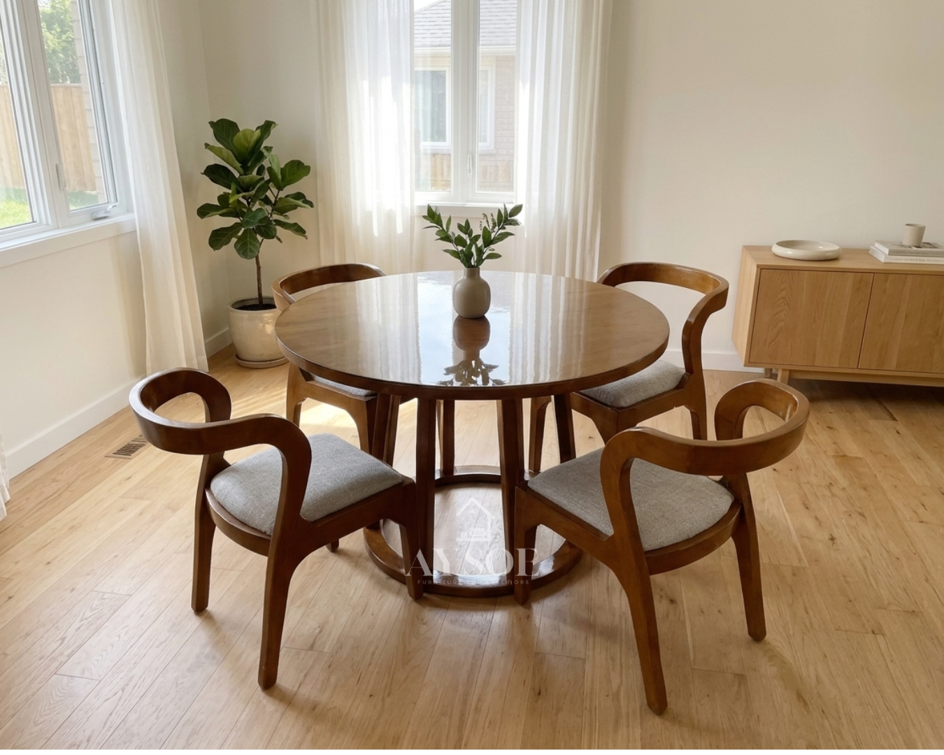 A round 4-seater dining set with a glossy tabletop on a drum-style wood base, plus four sculpted curved-back chairs with cream cushioned seats. Solid wood, wipe-clean, made to order.