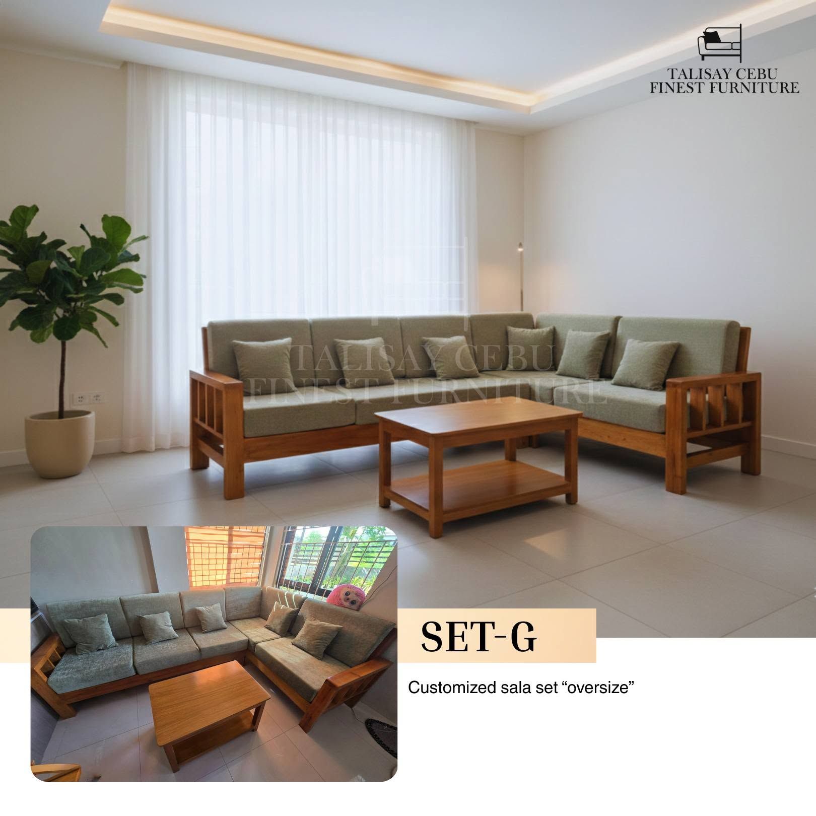 niture piece is a large L-shaped sectional sofa with a natural, light-to-medium finish wooden frame. The armrests and side panels feature vertical wooden slats.