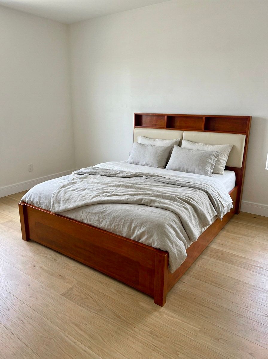 A solid wood bed in a rich cherry finish, with a built-in shelf headboard for books, lamps, and a phone, and cream padded panels for comfortable back support. Clean lines, warm tones, and a sturdy frame.