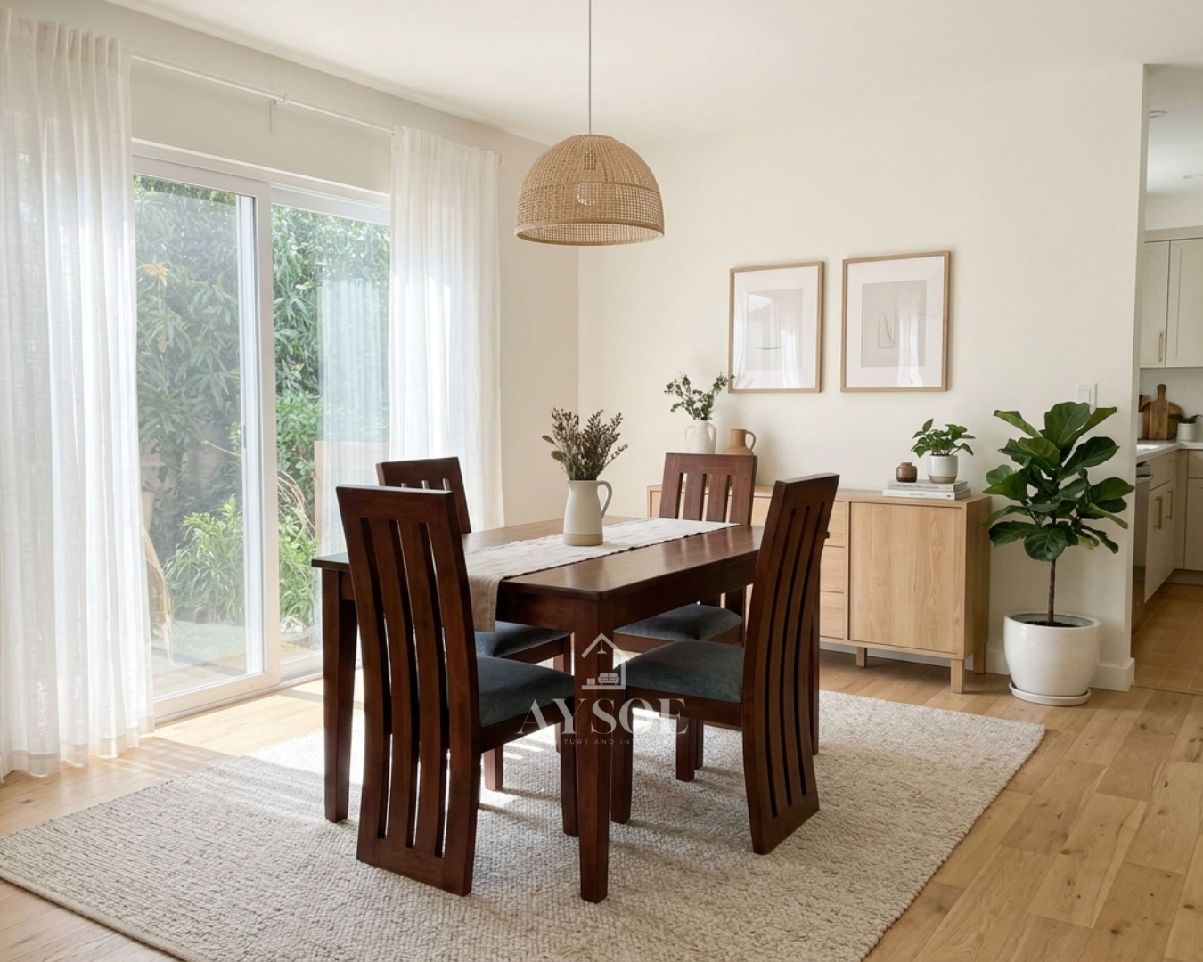 A 4-seater dining set with a solid wood table and four tall slatted-back chairs with cushioned seats, finished in a deep mahogany tone. Sturdy, easy to clean, made to order.