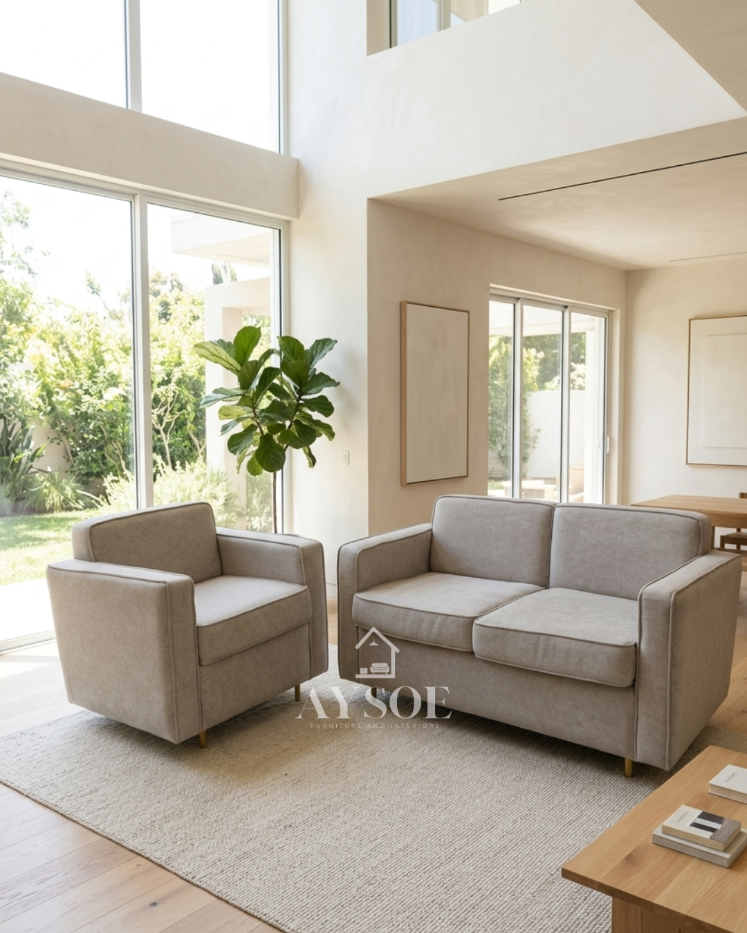A modern 2-piece living set in soft light grey fabric: a two-seater loveseat and a matching armchair with thick cushions and slim gold legs. Compact, comfortable, and stylish.