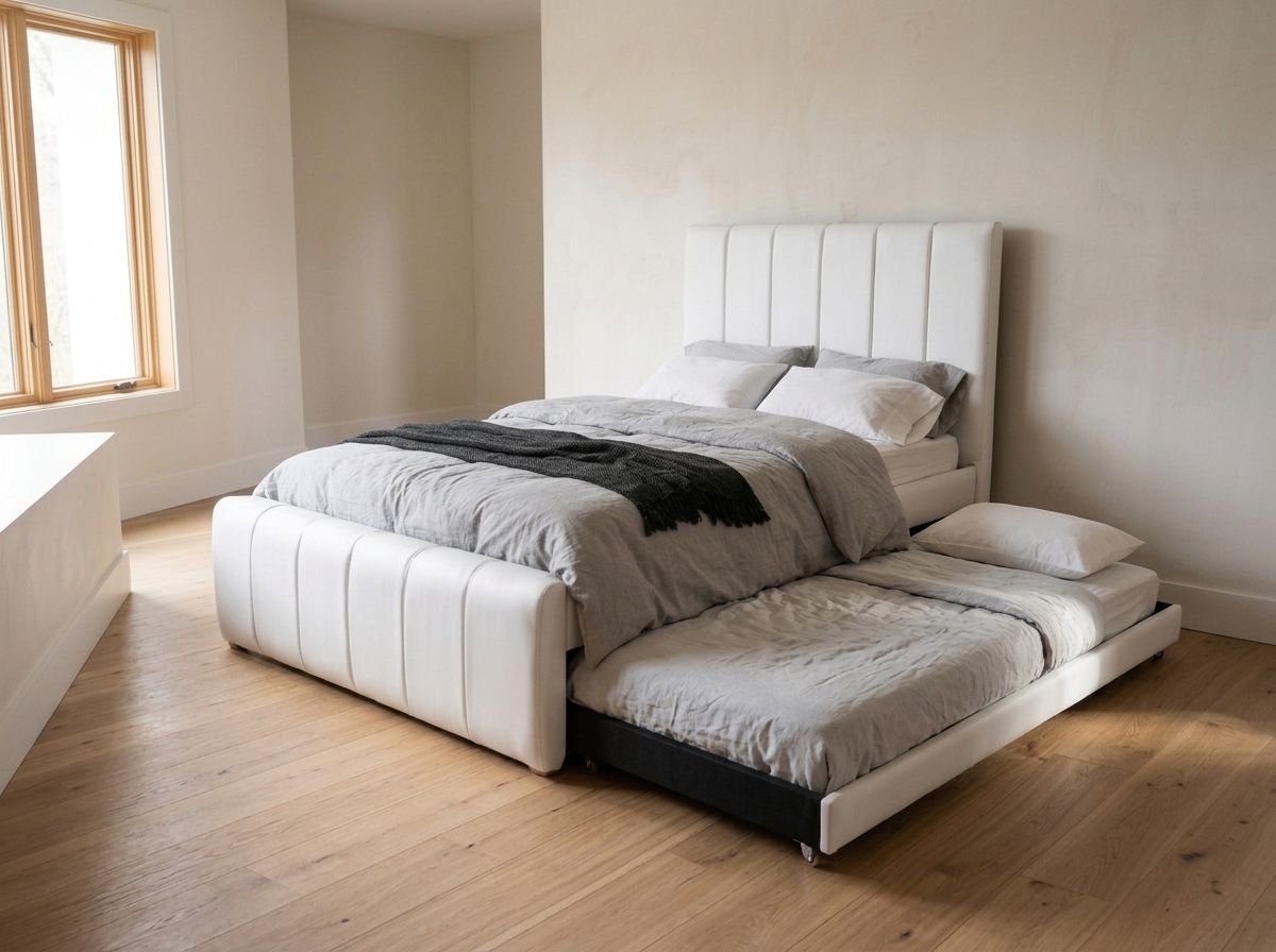 A clean white leatherette bed with a vertical channel headboard and footboard, plus a hidden pull-out bed on wheels. The pull-out can be set to slide out from either the left or right side to suit your room.