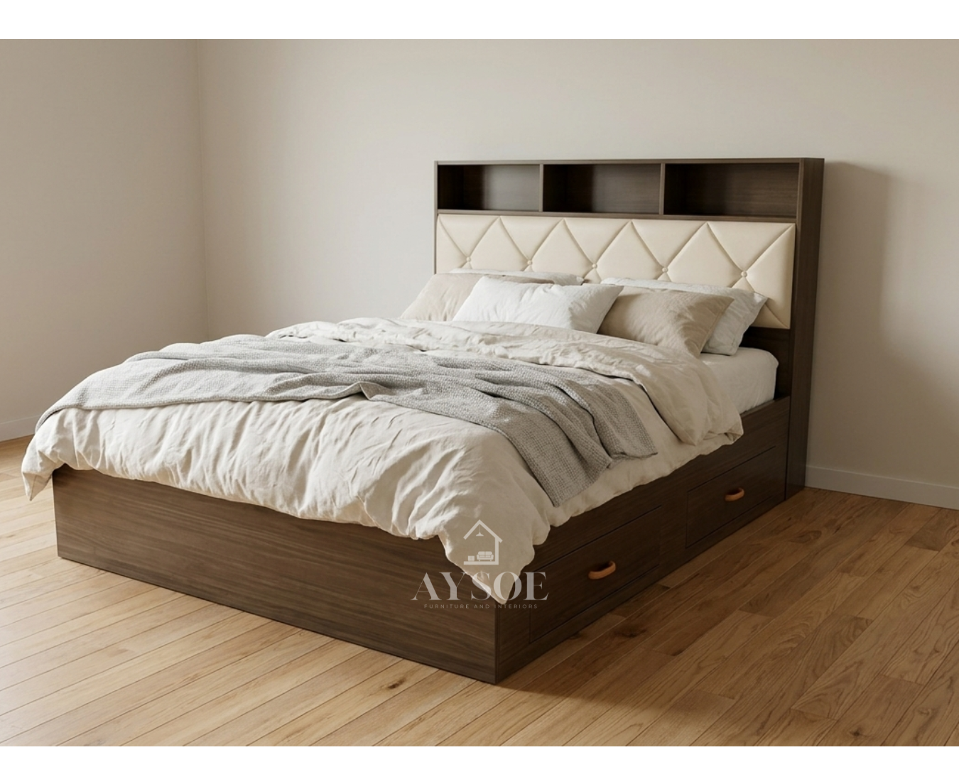 A platform bed in a dark wood-grain finish, with a shelf headboard, a cream tufted cushion panel, and two roomy side drawers. Built-in storage for small rooms.