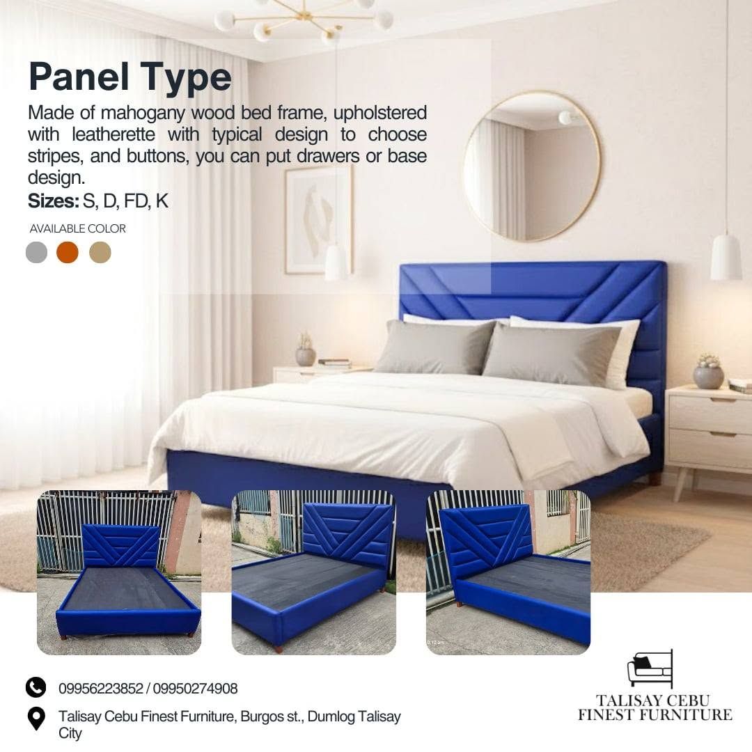 The high headboard showcases an asymmetrical chevron or geometric panel stripe pattern.