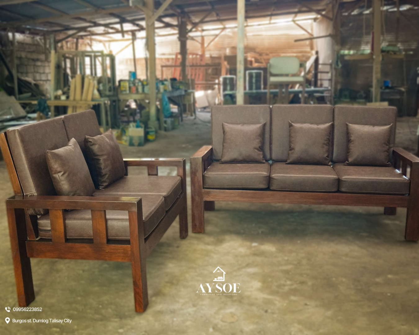A 2-piece living set with a dark walnut-finish solid wood frame and chocolate-brown leatherette cushions: a three-seater sofa and a two-seater loveseat. Sturdy, wipe-clean, made to order.