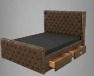 A drawer is pulled out from the side base of the bed frame, demonstrating built-in storage functionality.