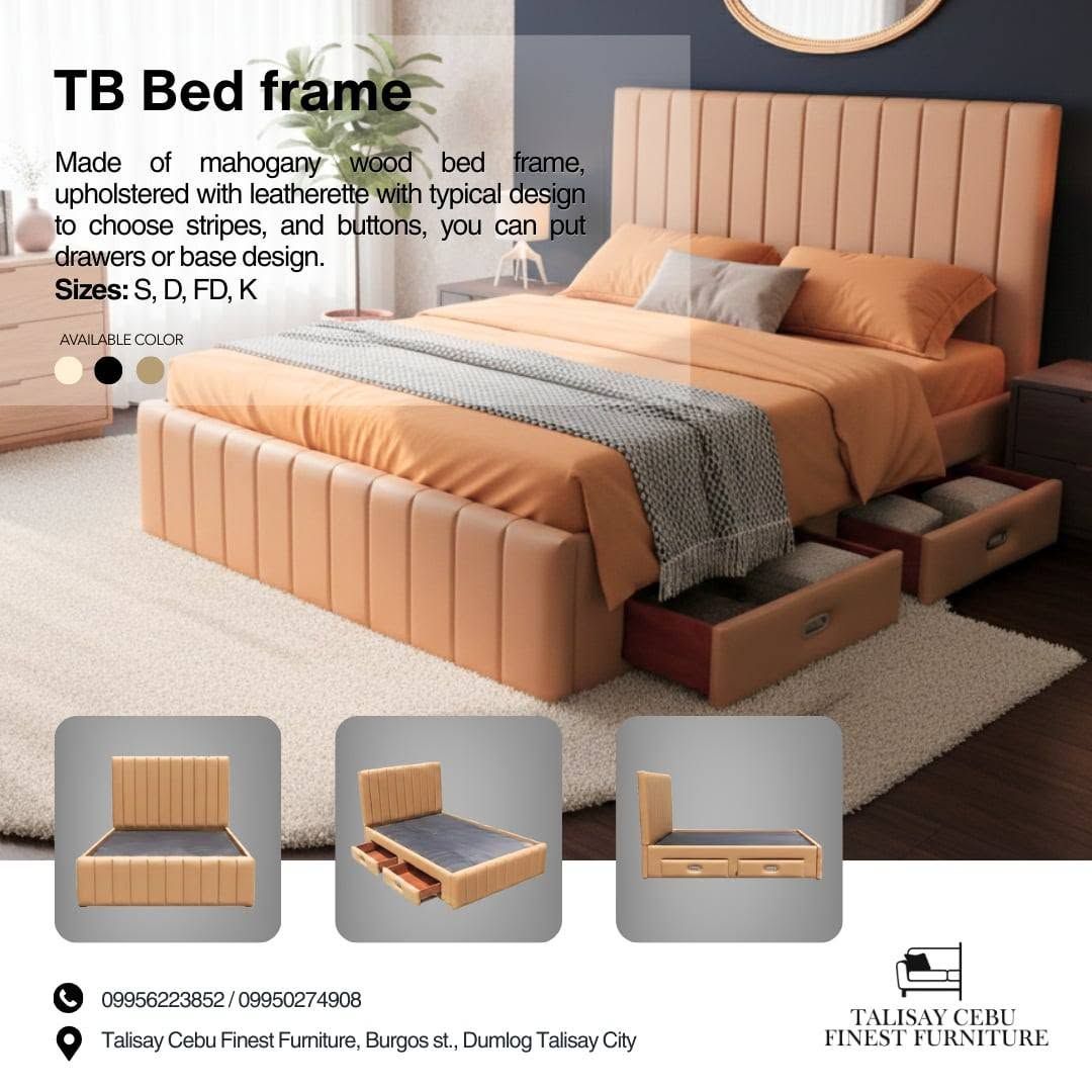 A mahogany wood frame upholstered in an orange-brown leatherette. 