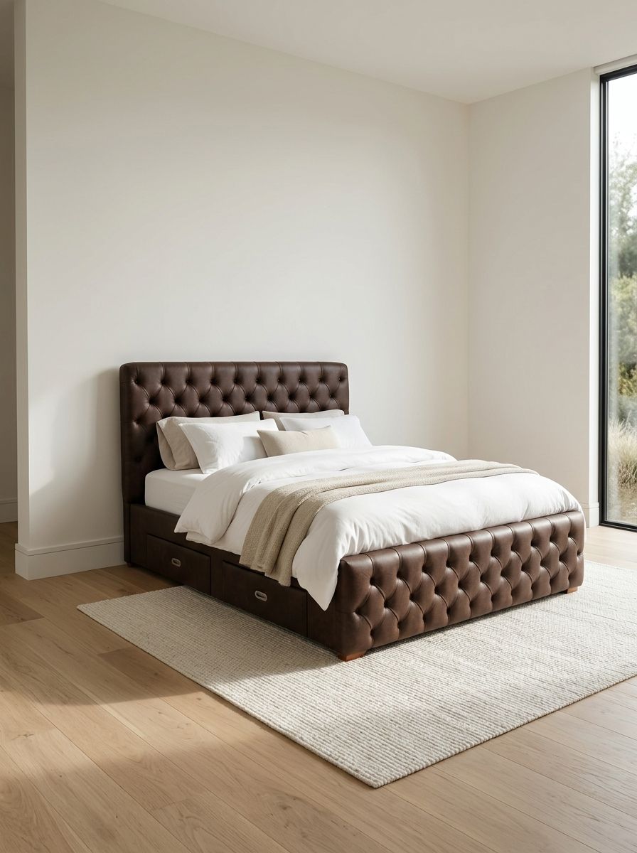  A brown leatherette-upholstered frame with deep diamond tufting on both the headboard and the footboard.