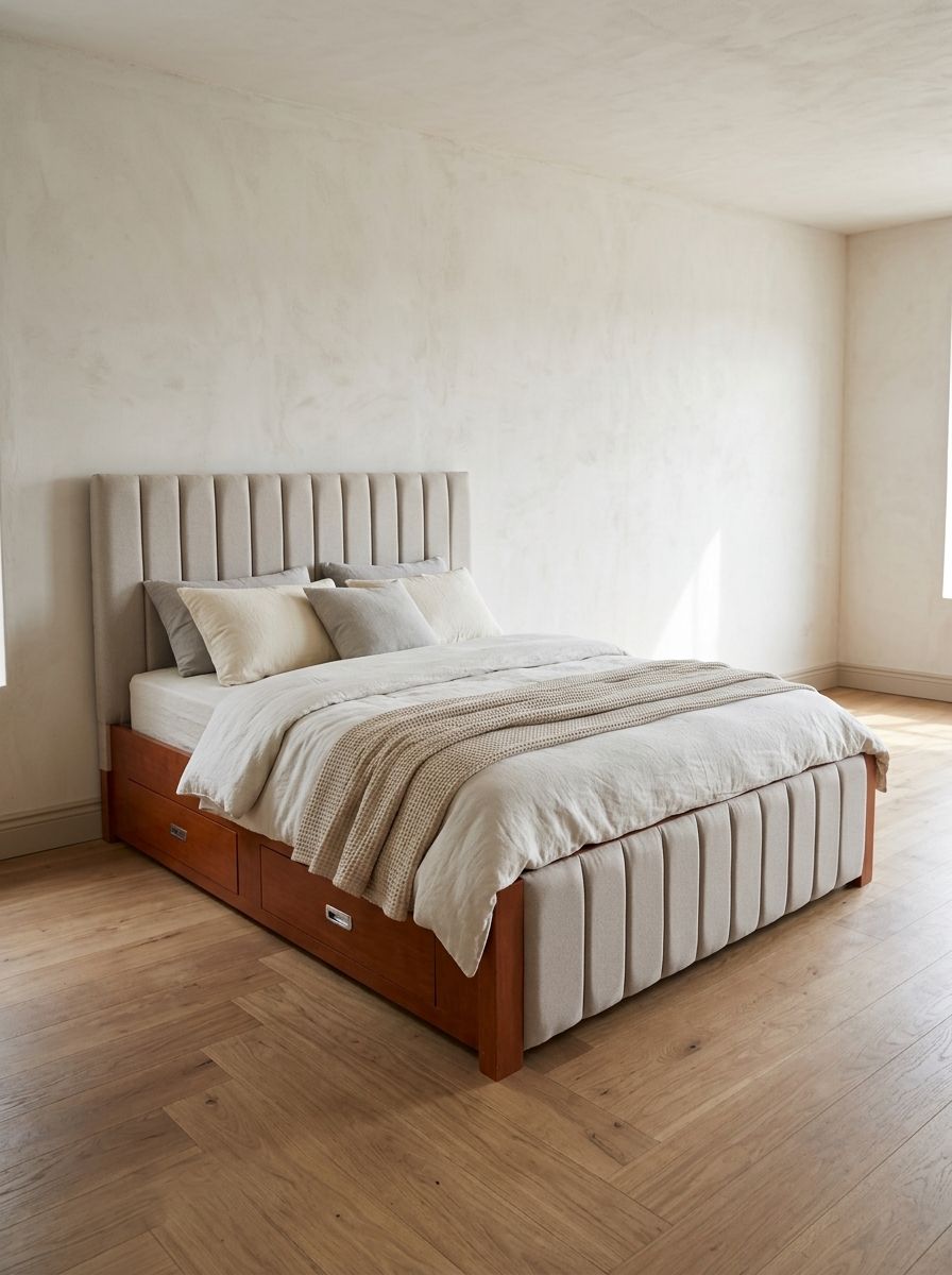 A two-tone bed that pairs a warm cherry wood frame with soft light gray channel-panel upholstery. Four built-in side drawers and a sturdy slatted base give you plenty of storage and firm mattress support.