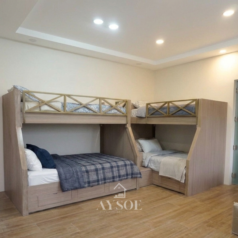 Space-saving L-shaped bunk beds with built-in stairs and roomy storage drawers.