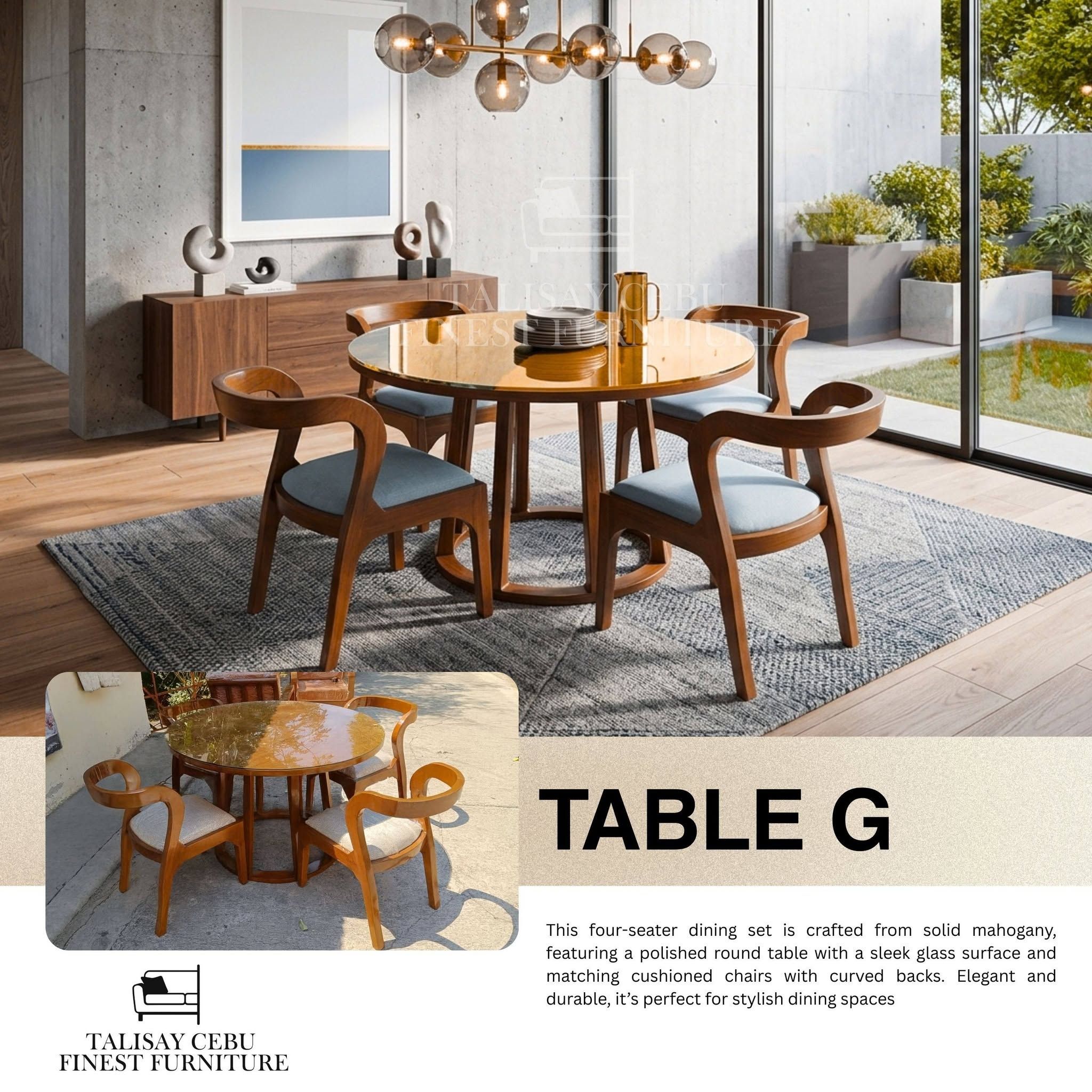A round table crafted from solid mahogany, featuring a polished wooden edge and a smooth glass tabletop that gives it a sleek, refined appearance.