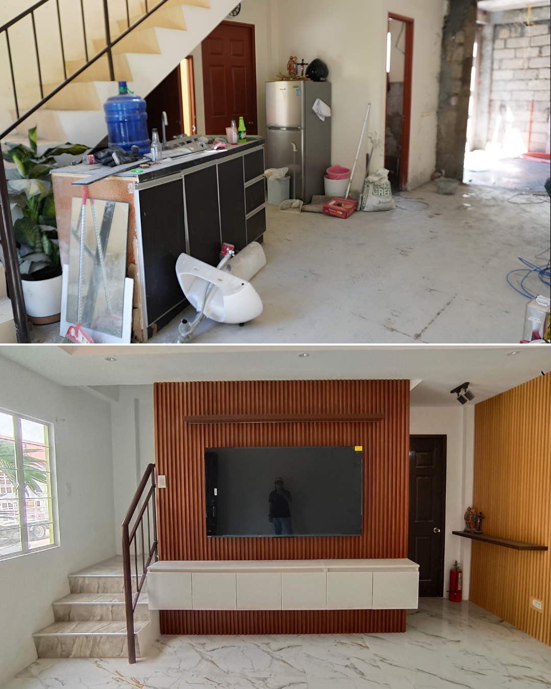 From unfinished shell to a warm living space with a slatted wood TV feature wall and floating cabinet.