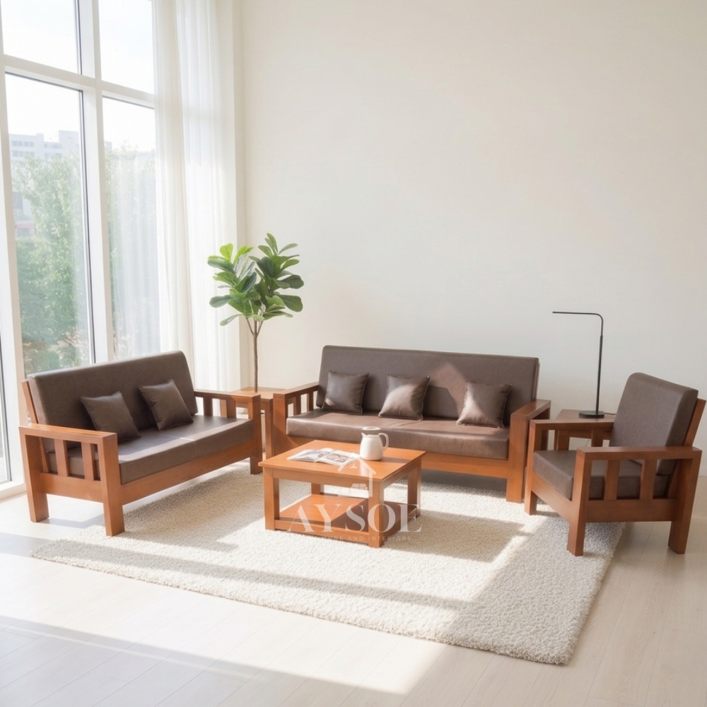 Mahogany-finish solid wood living set: 3-seater sofa, loveseat, armchair, coffee table, and side table, with thick chocolate leatherette cushions. Rich, sturdy, wipe-clean.