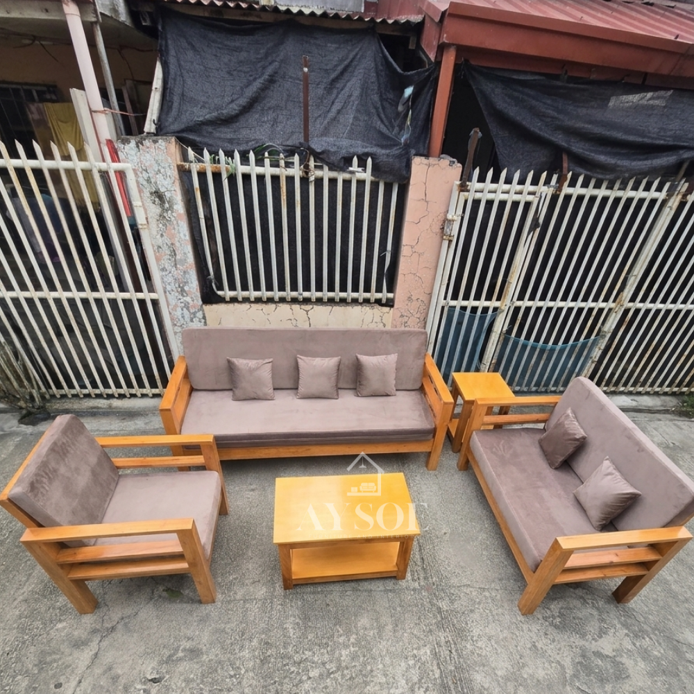A honey-finish solid wood living set: 3-seater sofa, loveseat, armchair, coffee table, and side table, with thick mocha cushions. Sturdy, roomy, made to order.